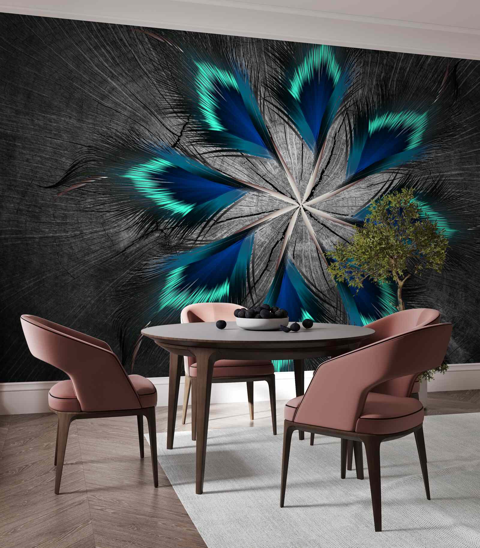 Fotobehang pauw stervormige veren met abstract ontwerp