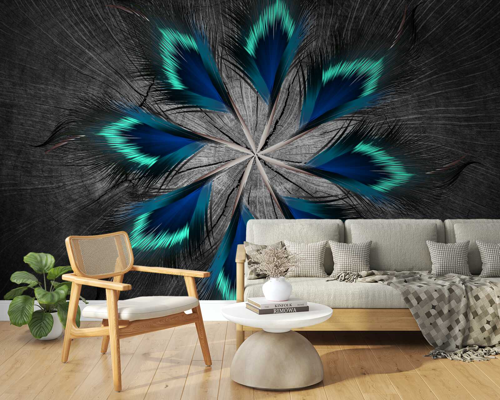 Fotobehang pauw stervormige veren met abstract ontwerp