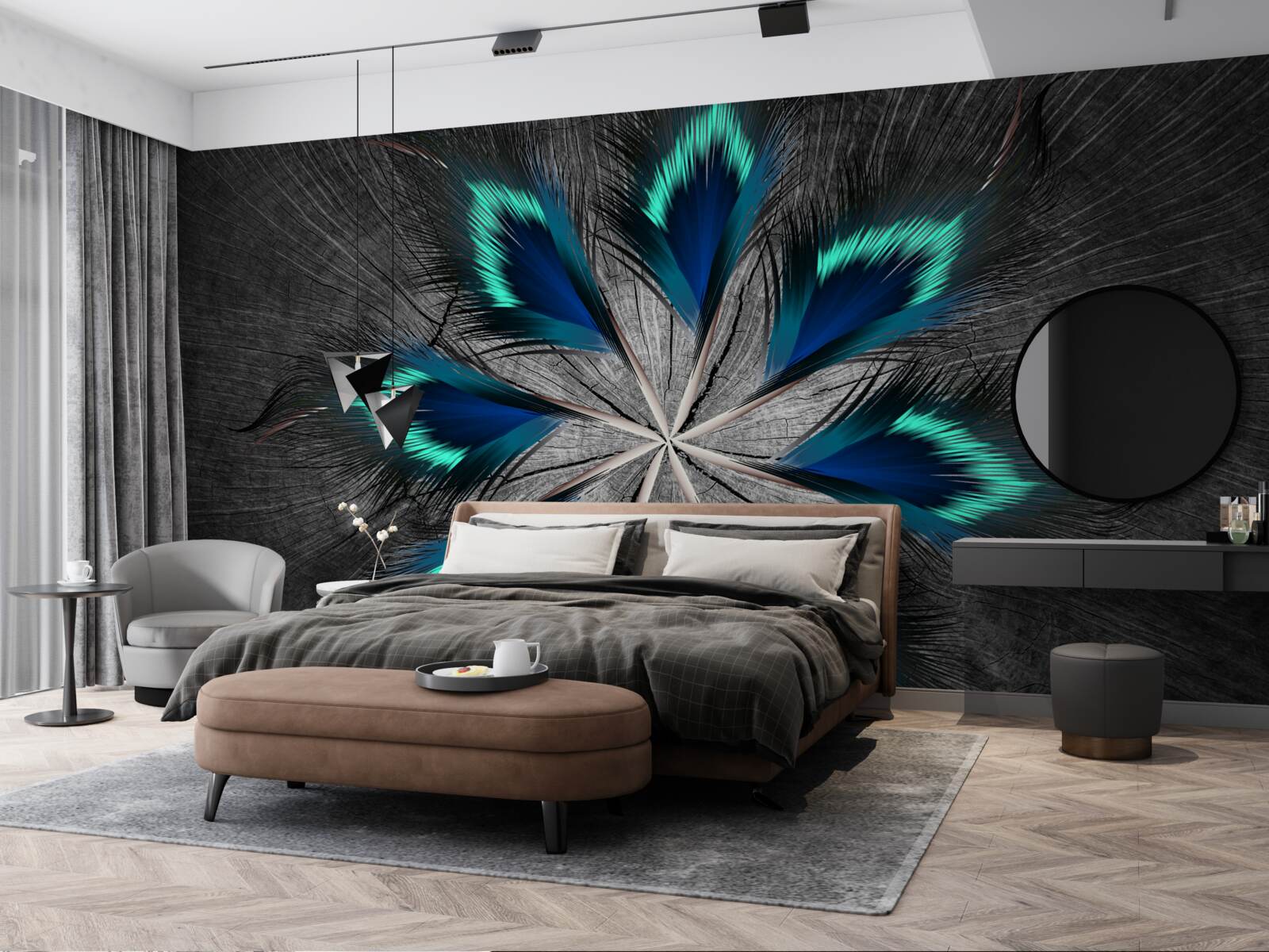 Fotobehang pauw stervormige veren met abstract ontwerp