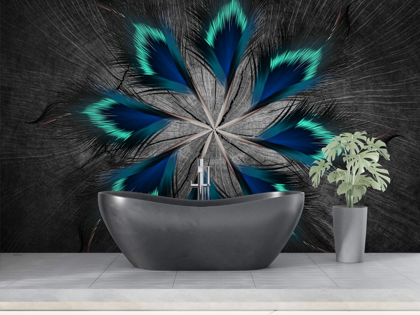 Fotobehang pauw stervormige veren met abstract ontwerp