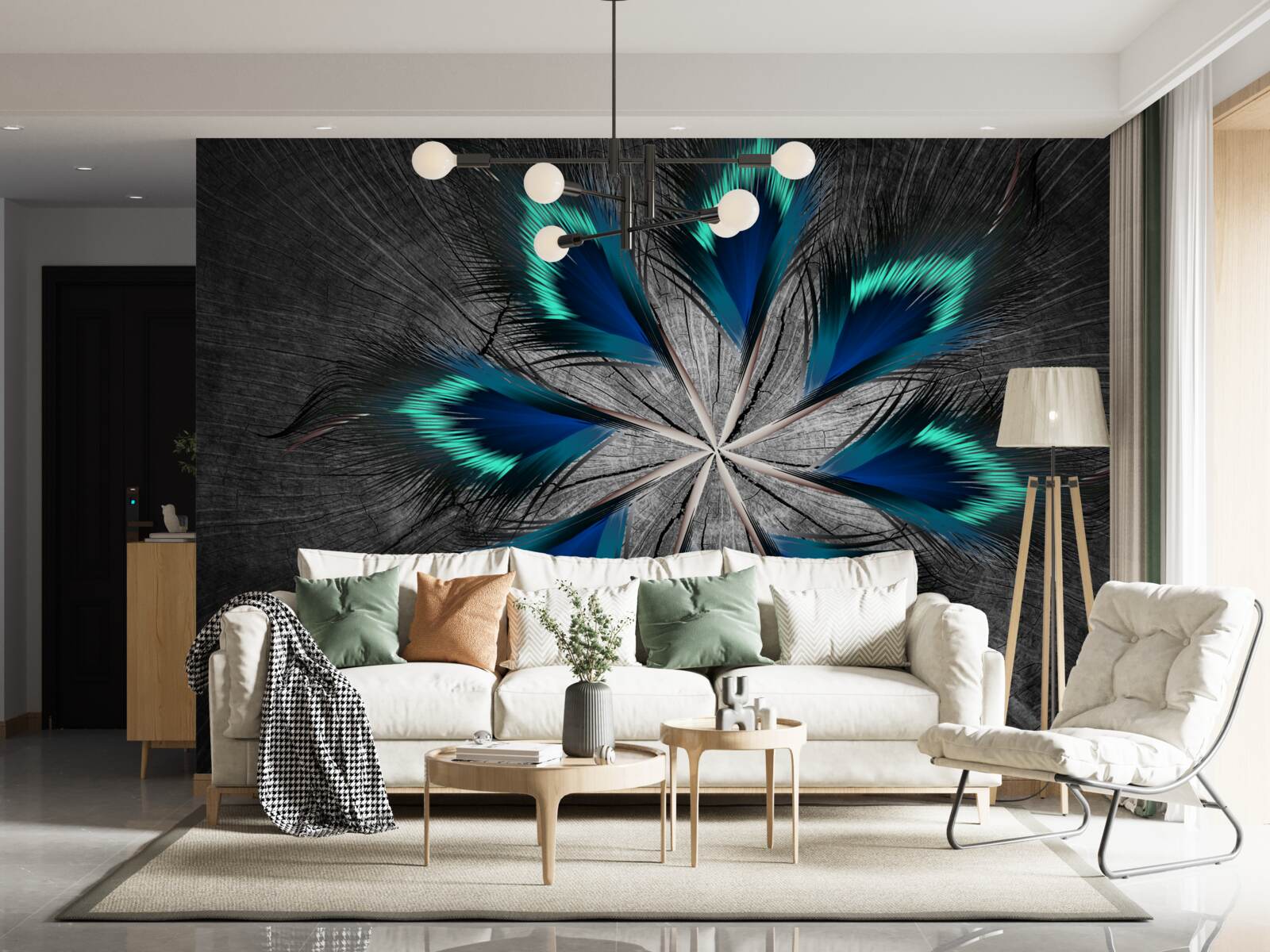 Fotobehang pauw stervormige veren met abstract ontwerp