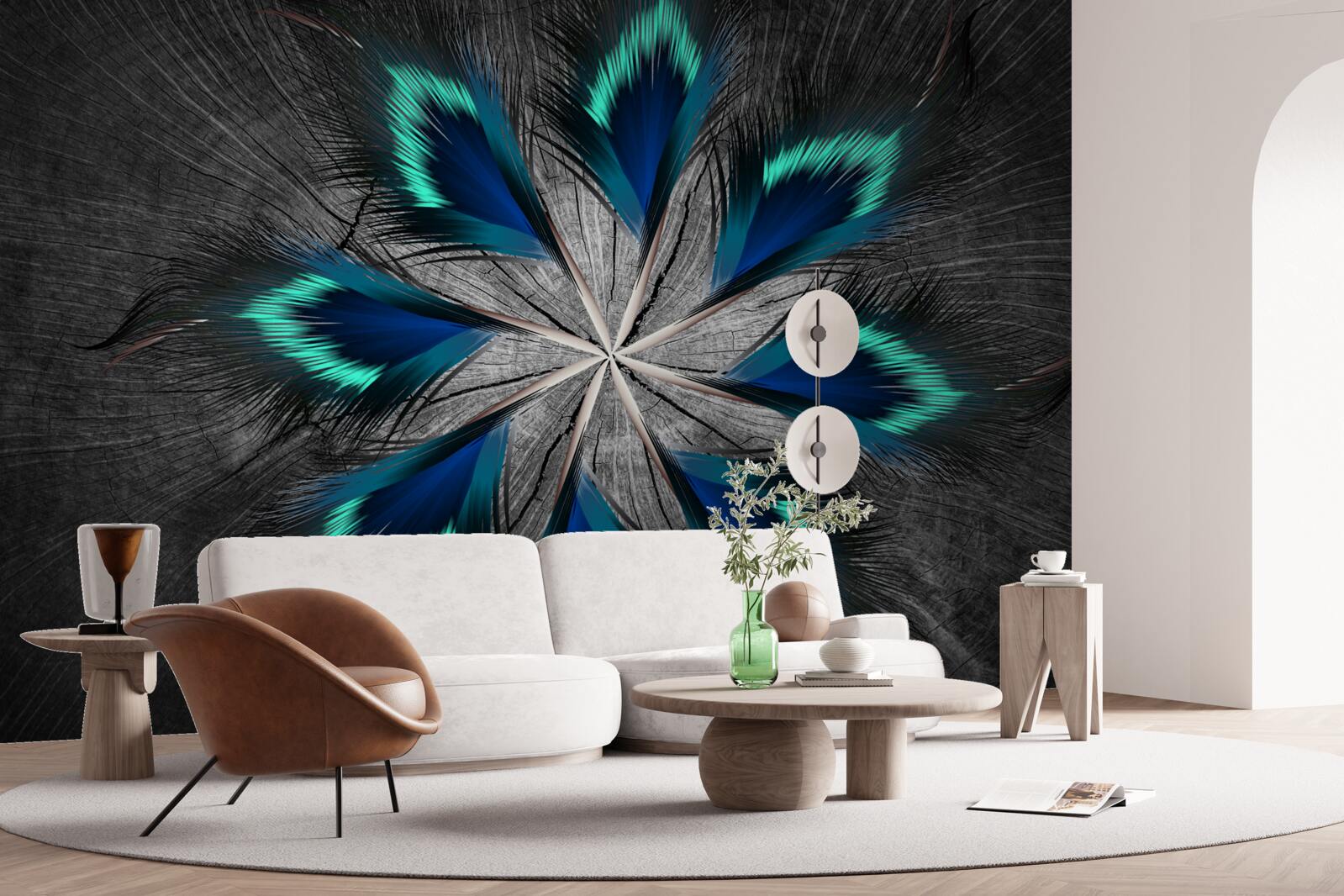 Fotobehang pauw stervormige veren met abstract ontwerp