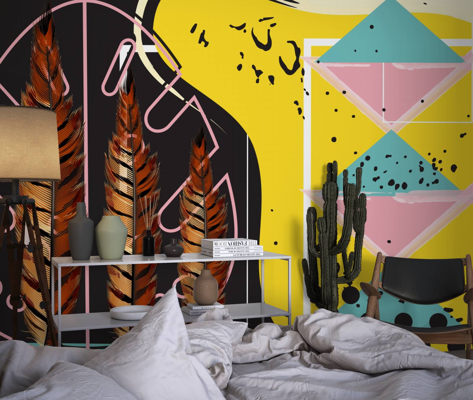 Fotobehang geometrische vormen op de achtergrond springen eruit achter de gele spikes