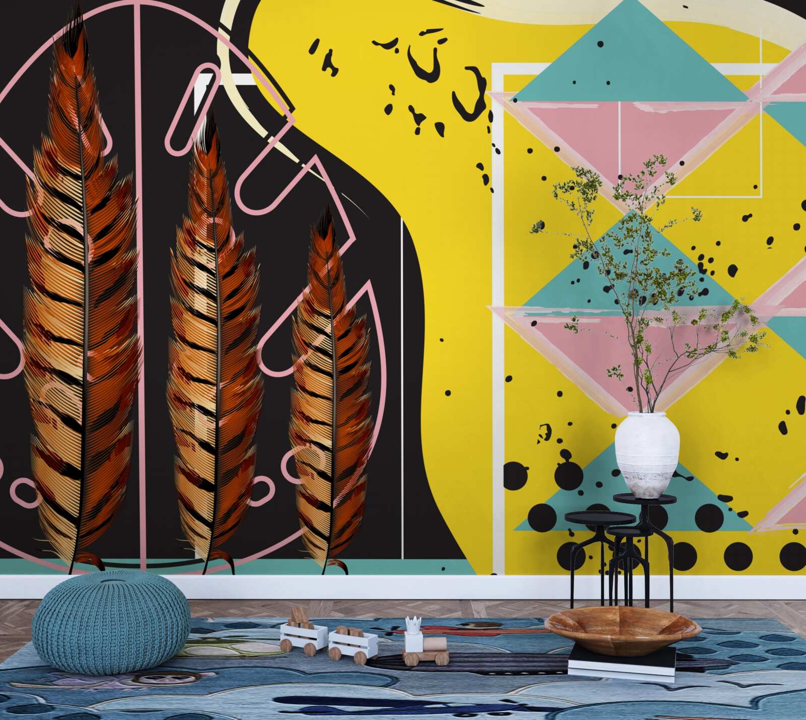 Fotobehang geometrische vormen op de achtergrond springen eruit achter de gele spikes