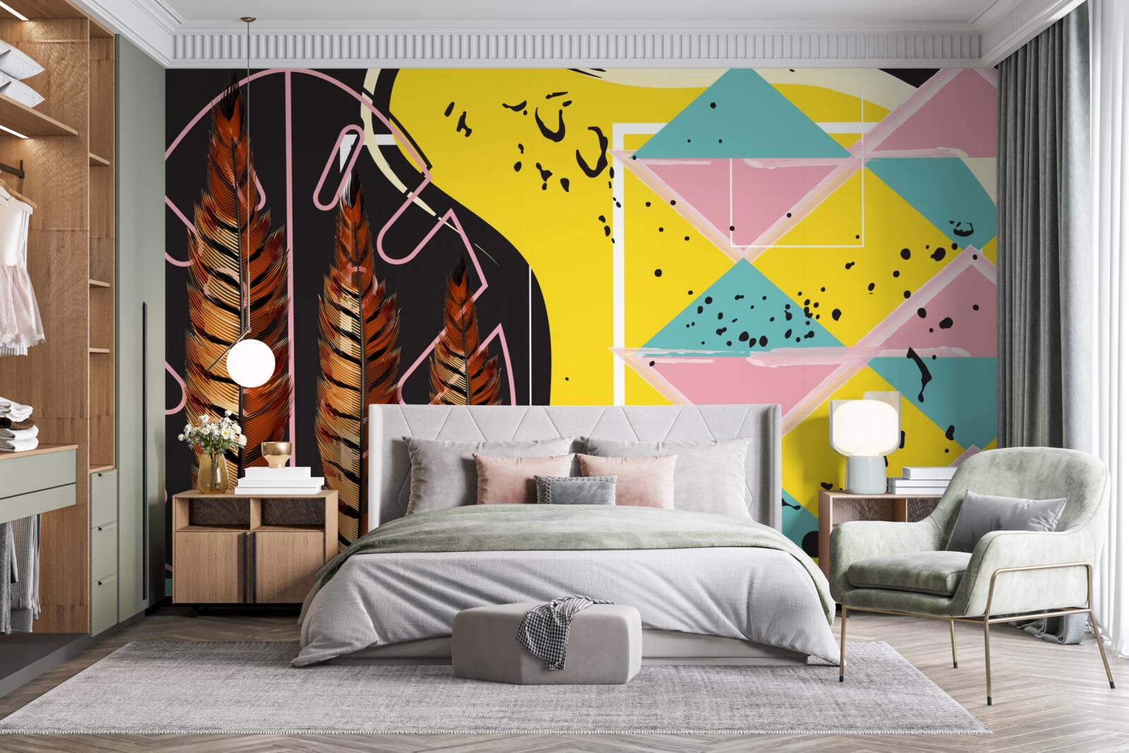 Fotobehang geometrische vormen op de achtergrond springen eruit achter de gele spikes