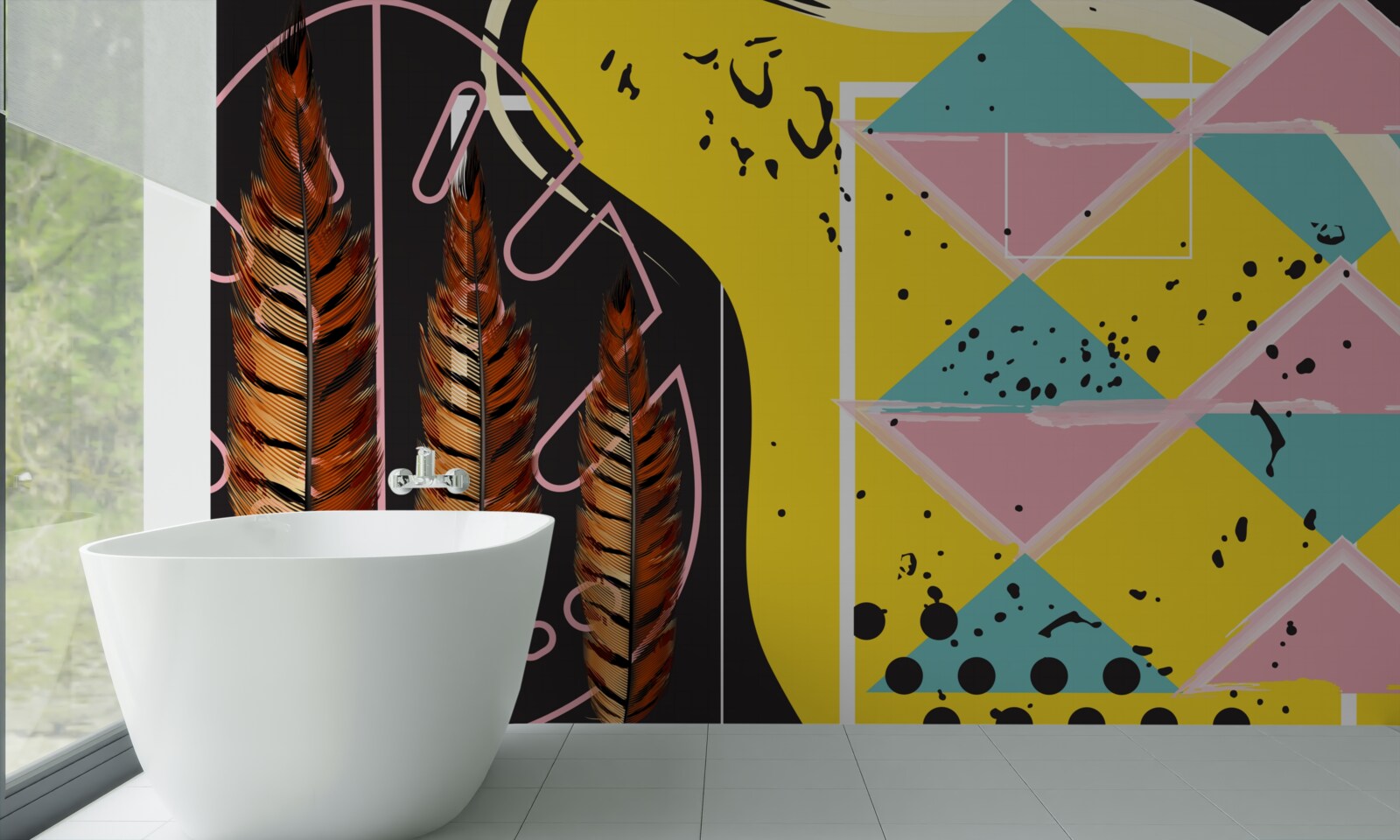 Fotobehang geometrische vormen op de achtergrond springen eruit achter de gele spikes