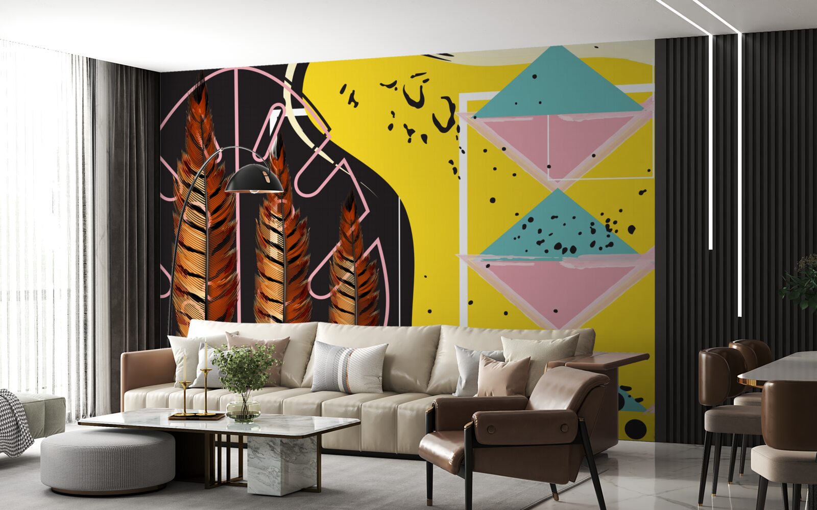 Fotobehang geometrische vormen op de achtergrond springen eruit achter de gele spikes