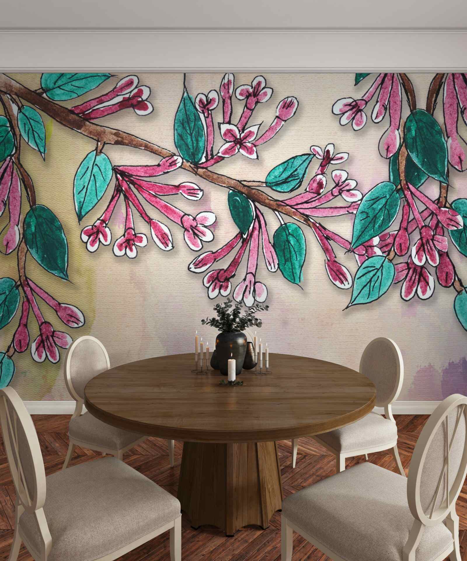 Fotobehang sakura tak bloeit en laat een