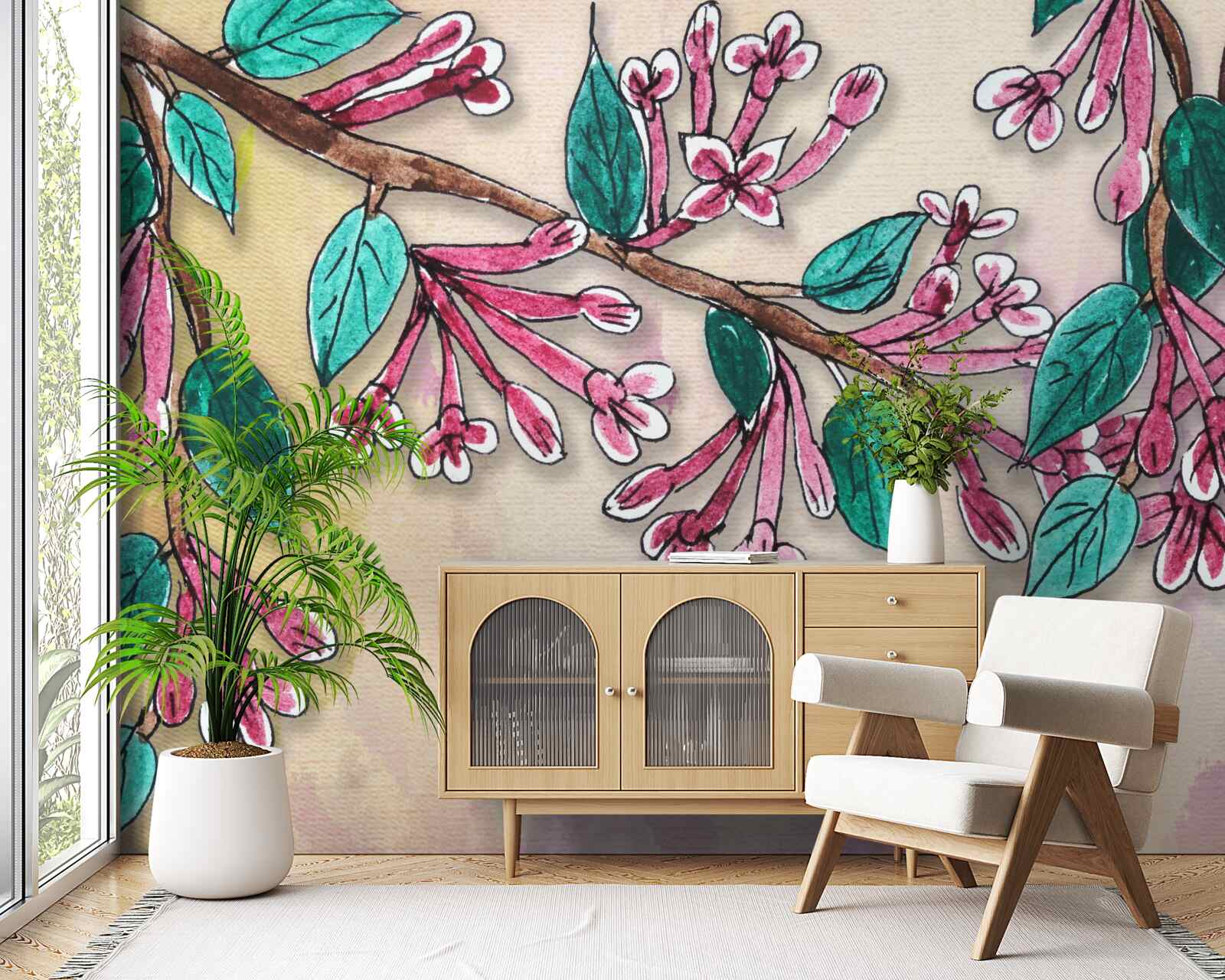 Fotobehang sakura tak bloeit en laat een