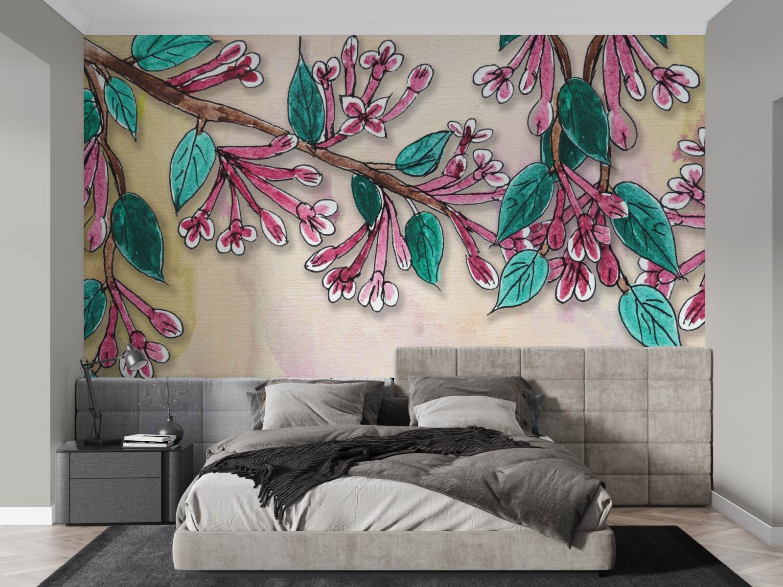 Fotobehang sakura tak bloeit en laat een