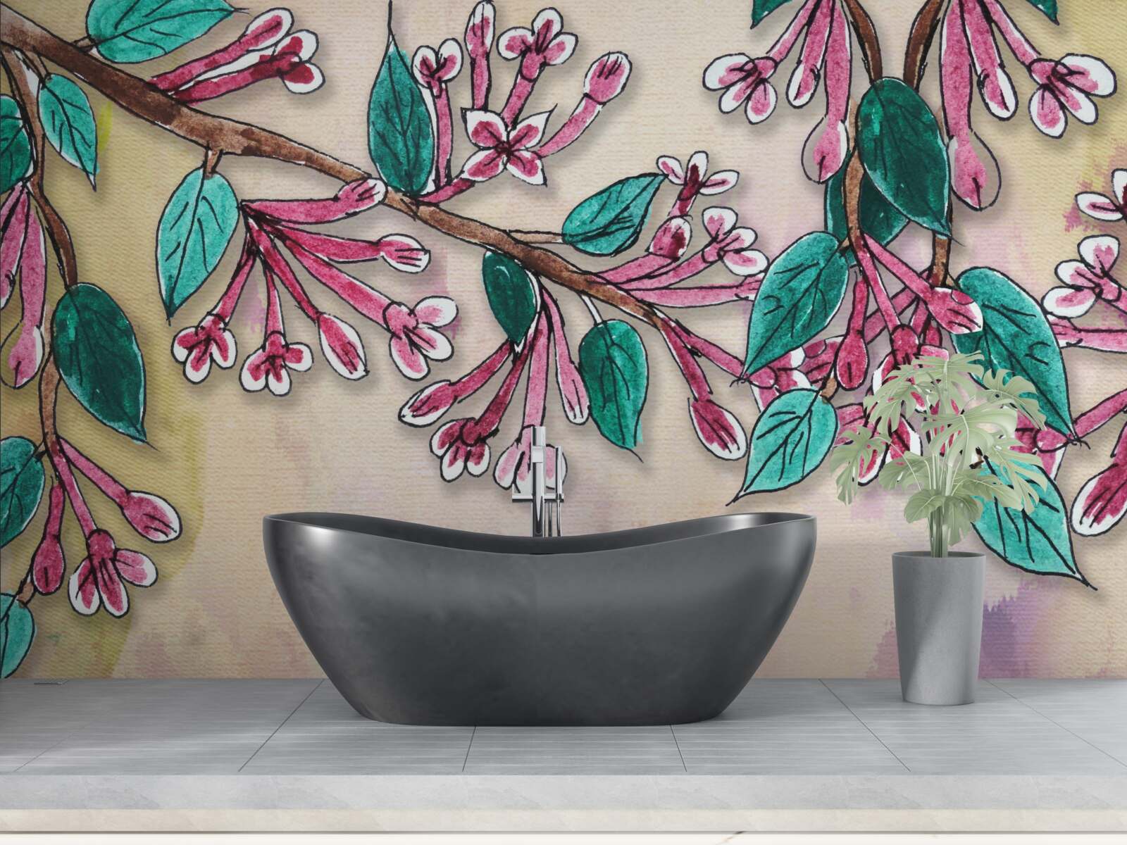 Fotobehang sakura tak bloeit en laat een