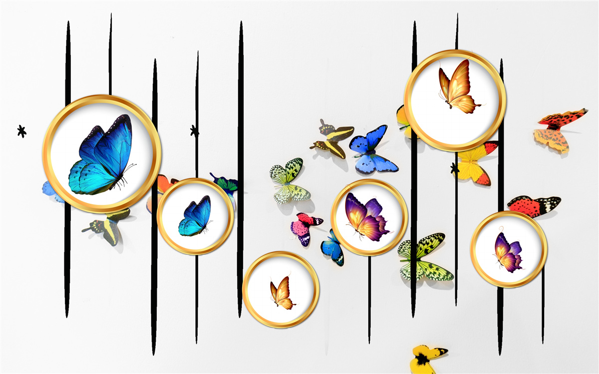 Fotobehang op een witte achtergrond staan vlinders omringd door gouden cirkels