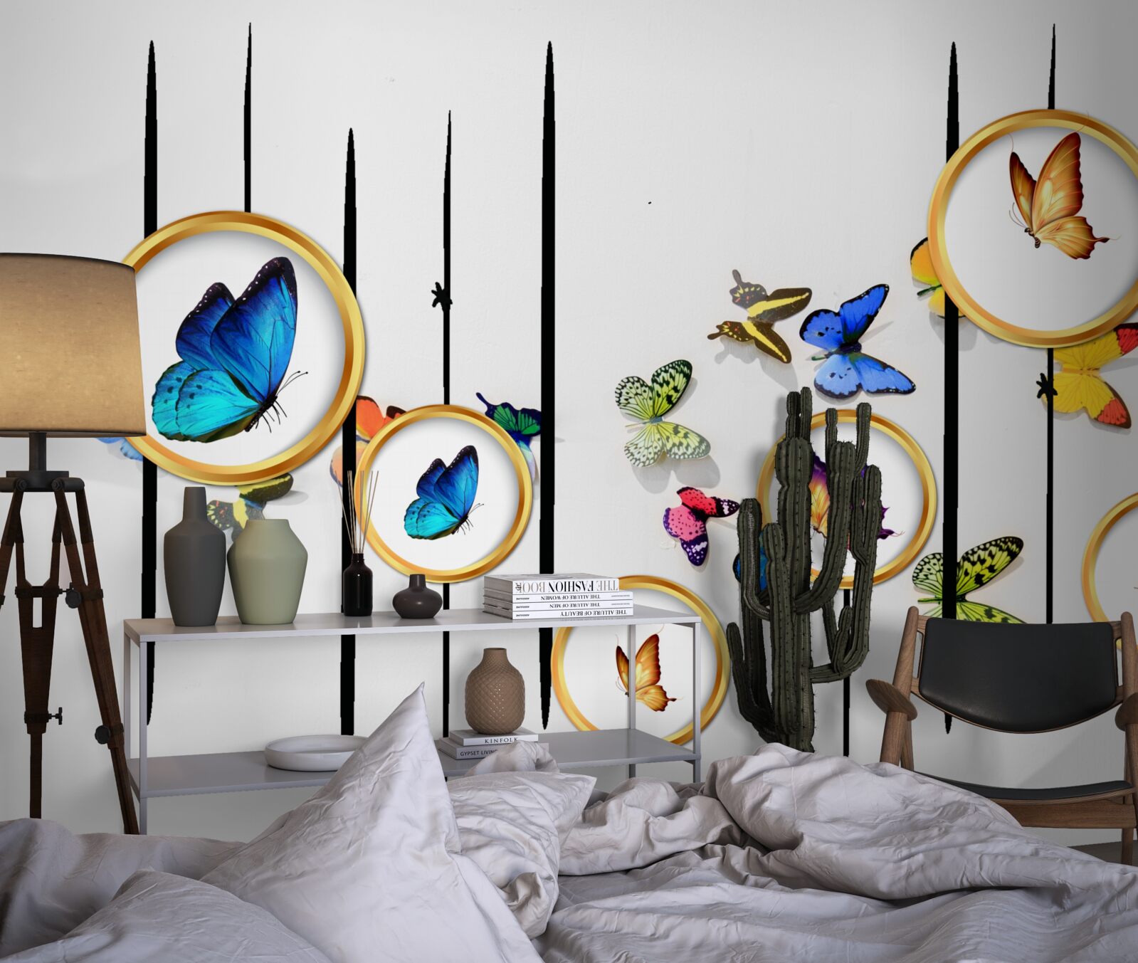 Fotobehang op een witte achtergrond staan vlinders omringd door gouden cirkels