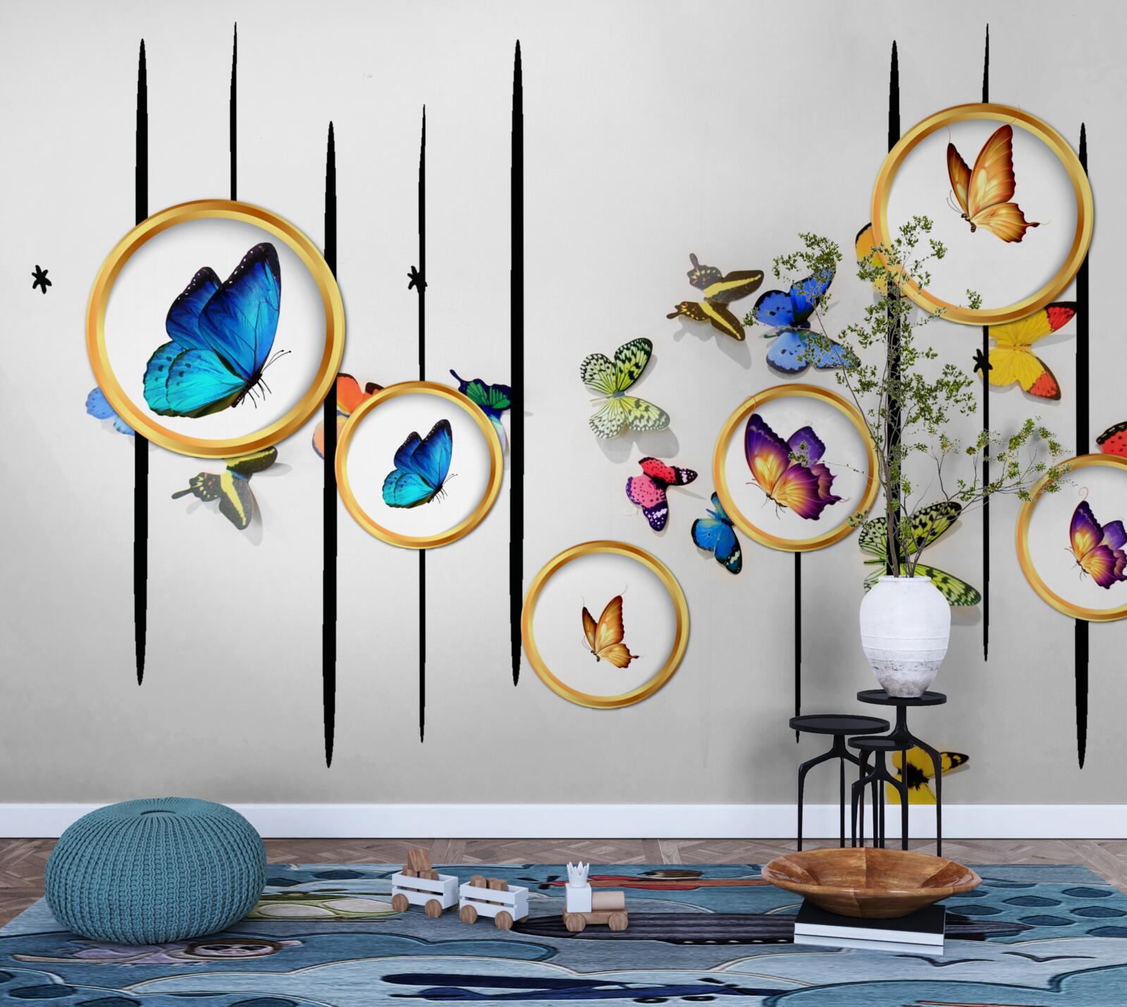 Fotobehang op een witte achtergrond staan vlinders omringd door gouden cirkels