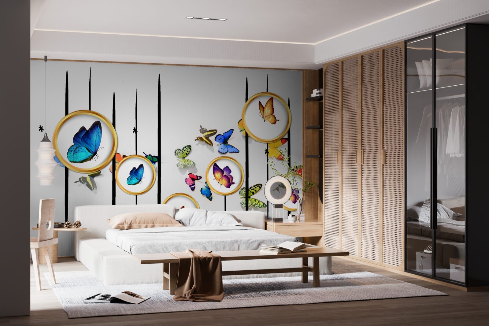 Fotobehang op een witte achtergrond staan vlinders omringd door gouden cirkels