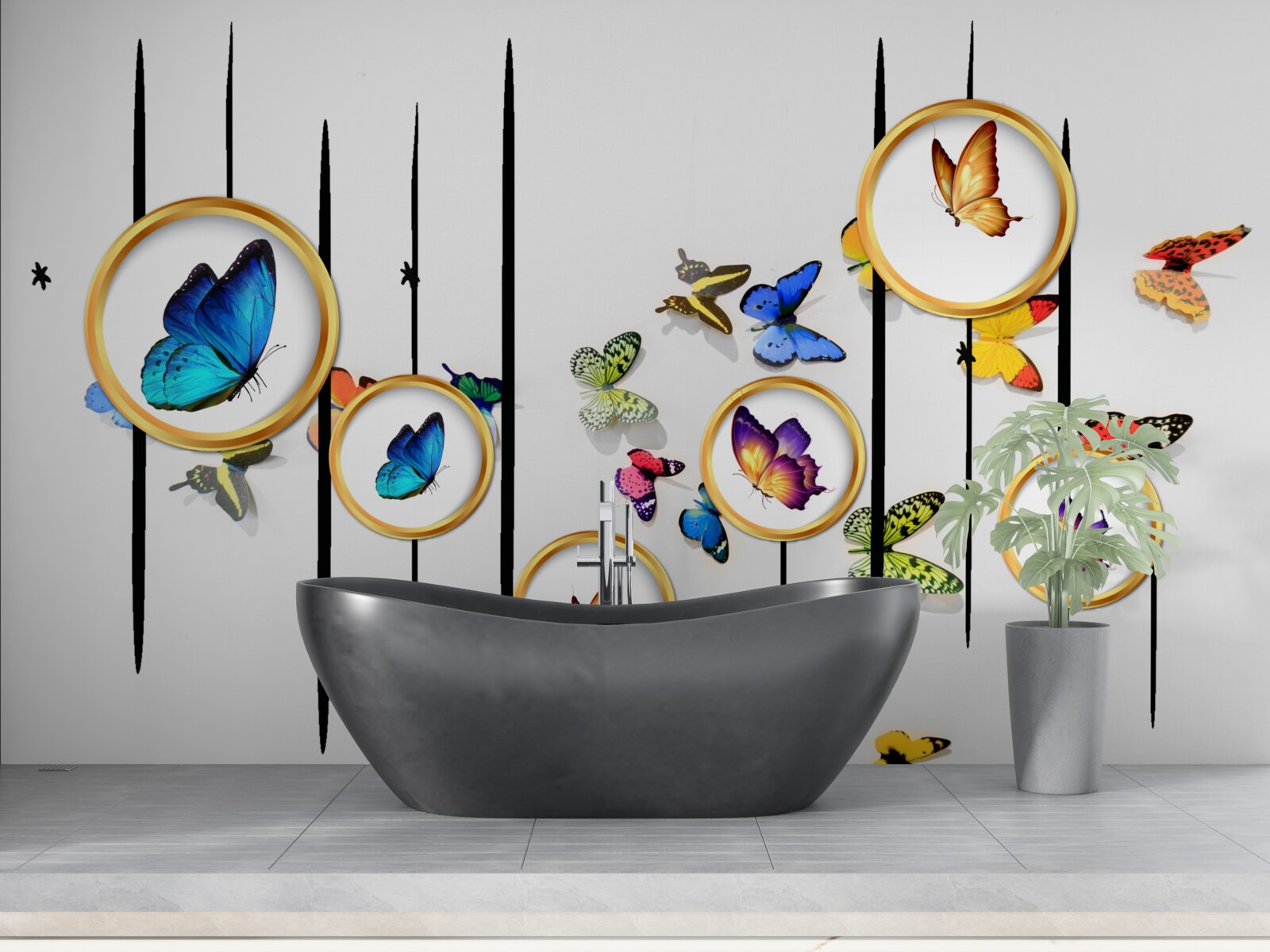 Fotobehang op een witte achtergrond staan vlinders omringd door gouden cirkels