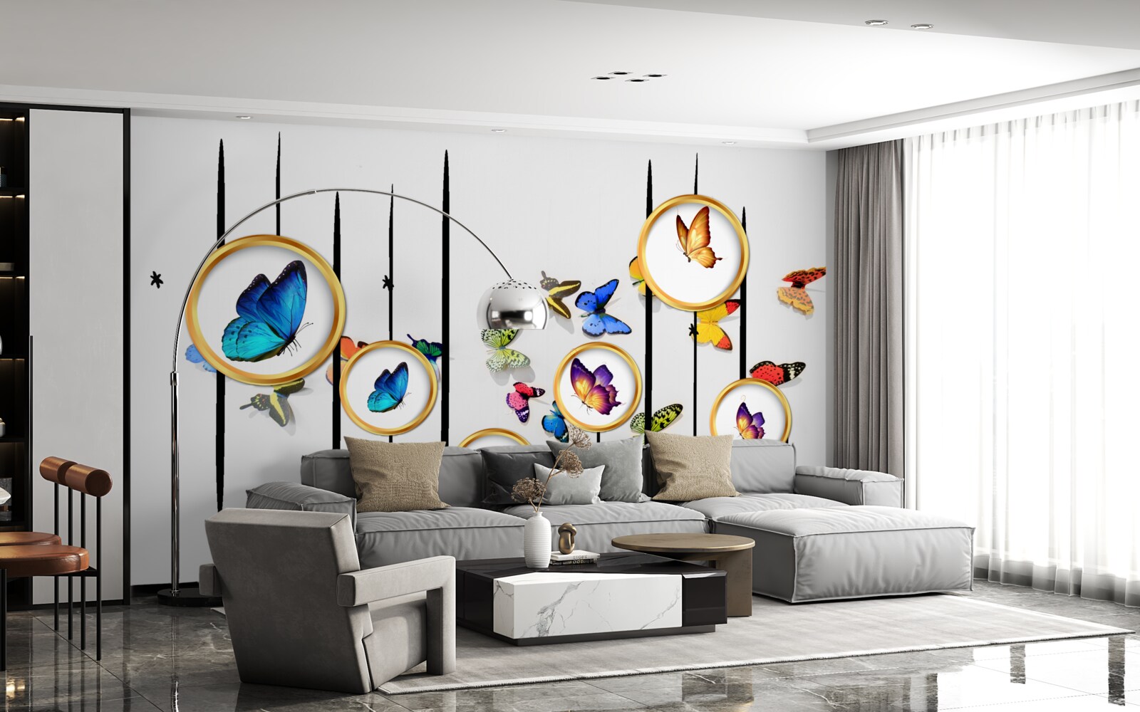 Fotobehang op een witte achtergrond staan vlinders omringd door gouden cirkels