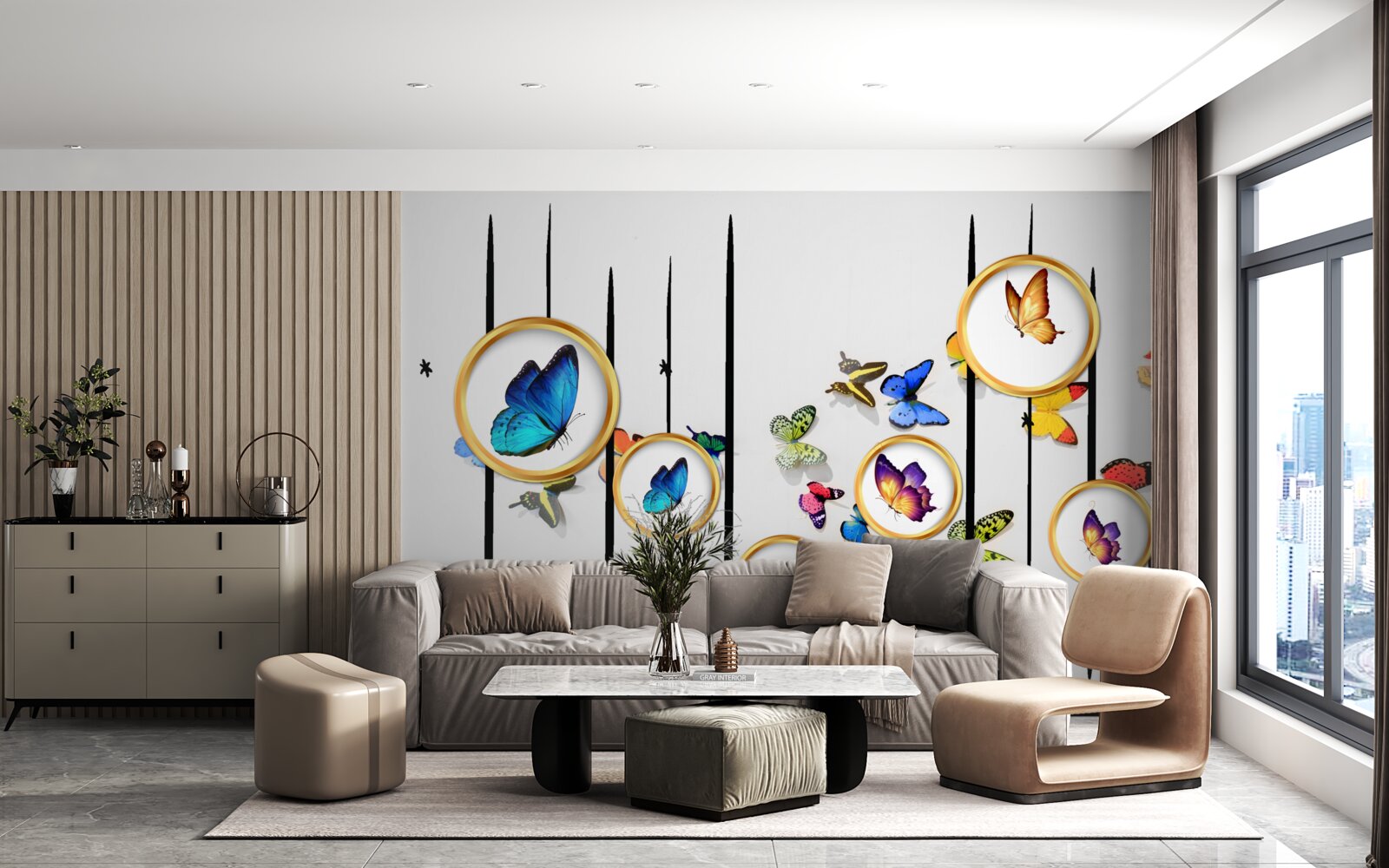 Fotobehang op een witte achtergrond staan vlinders omringd door gouden cirkels