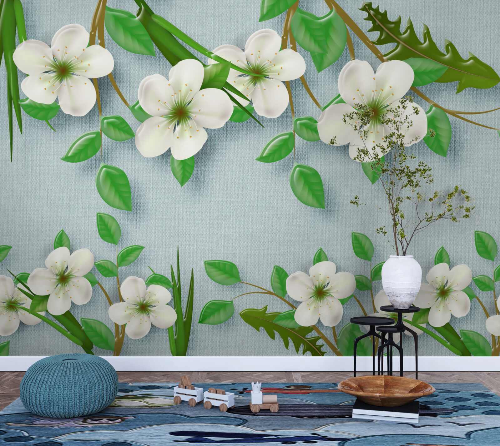 Fotobehang bloeiende bomen in de lente tegen een blauwe lucht