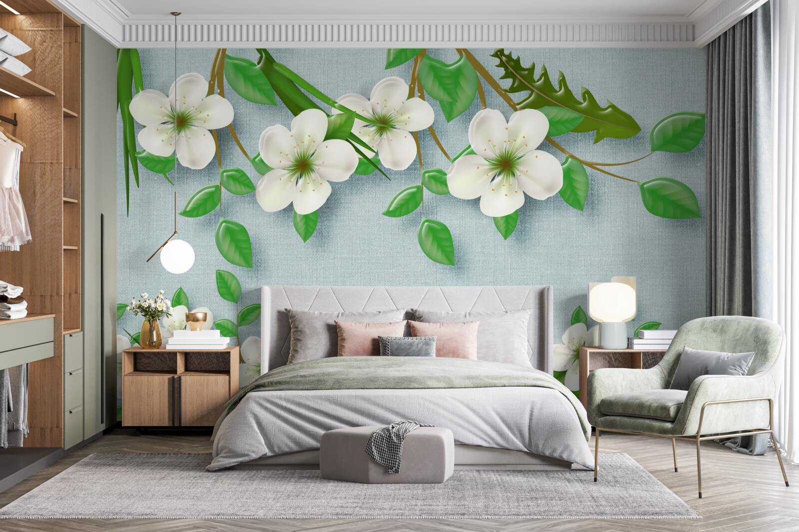 Fotobehang bloeiende bomen in de lente tegen een blauwe lucht