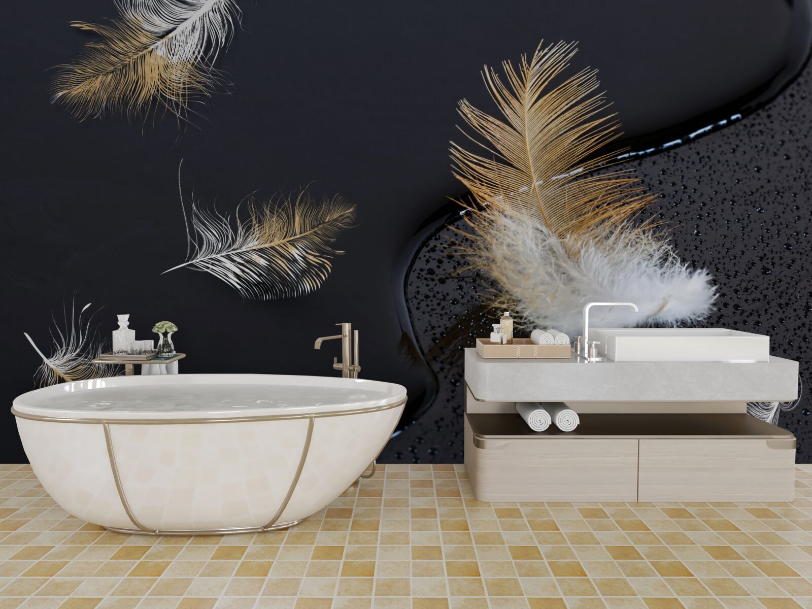 Fotobehang zacht dons in sneeuwwit en goud