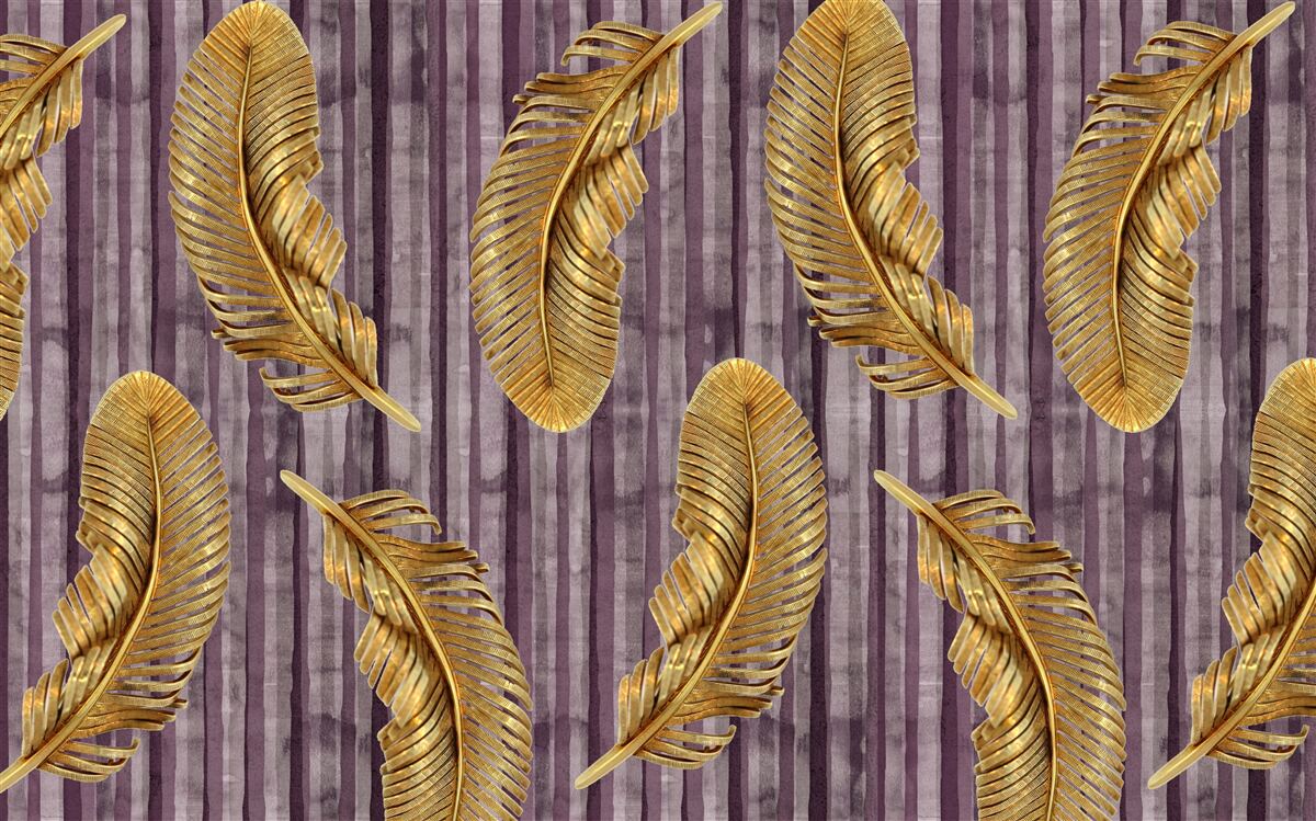 Fotobehang paarse achtergrond versierd met gouden veren