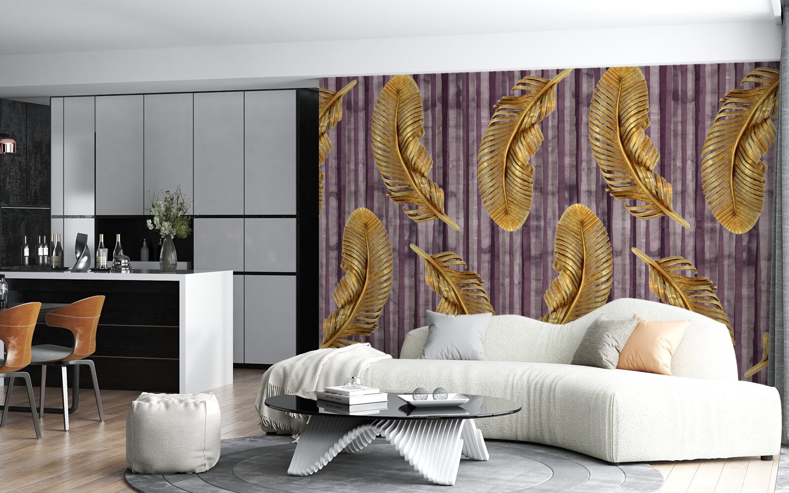 Fotobehang paarse achtergrond versierd met gouden veren