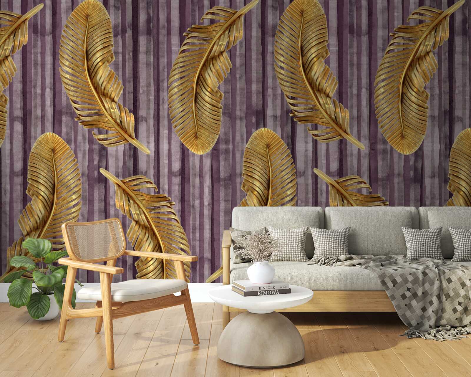 Fotobehang paarse achtergrond versierd met gouden veren