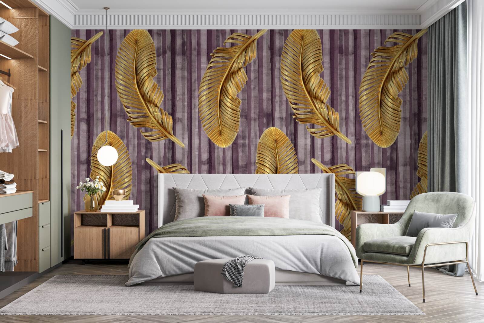 Fotobehang paarse achtergrond versierd met gouden veren