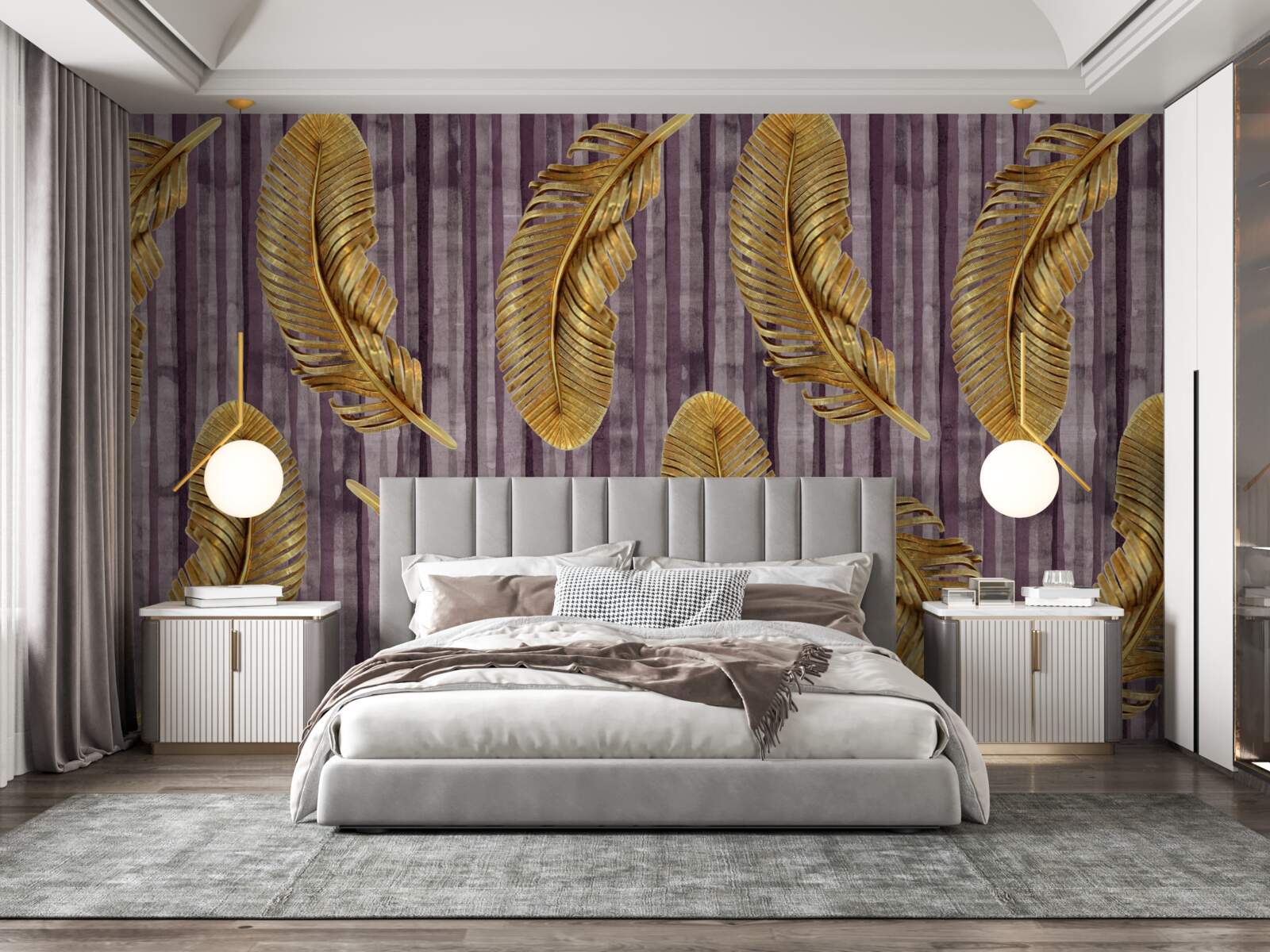 Fotobehang paarse achtergrond versierd met gouden veren