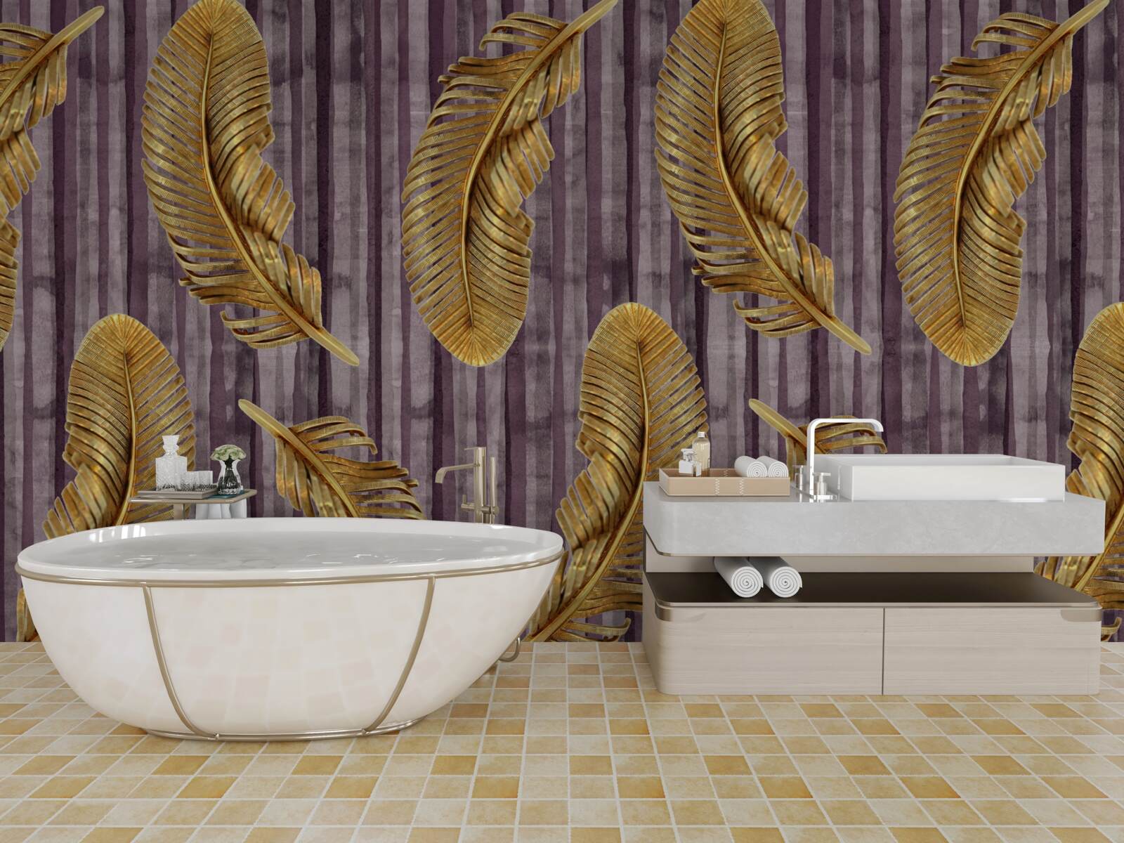 Fotobehang paarse achtergrond versierd met gouden veren