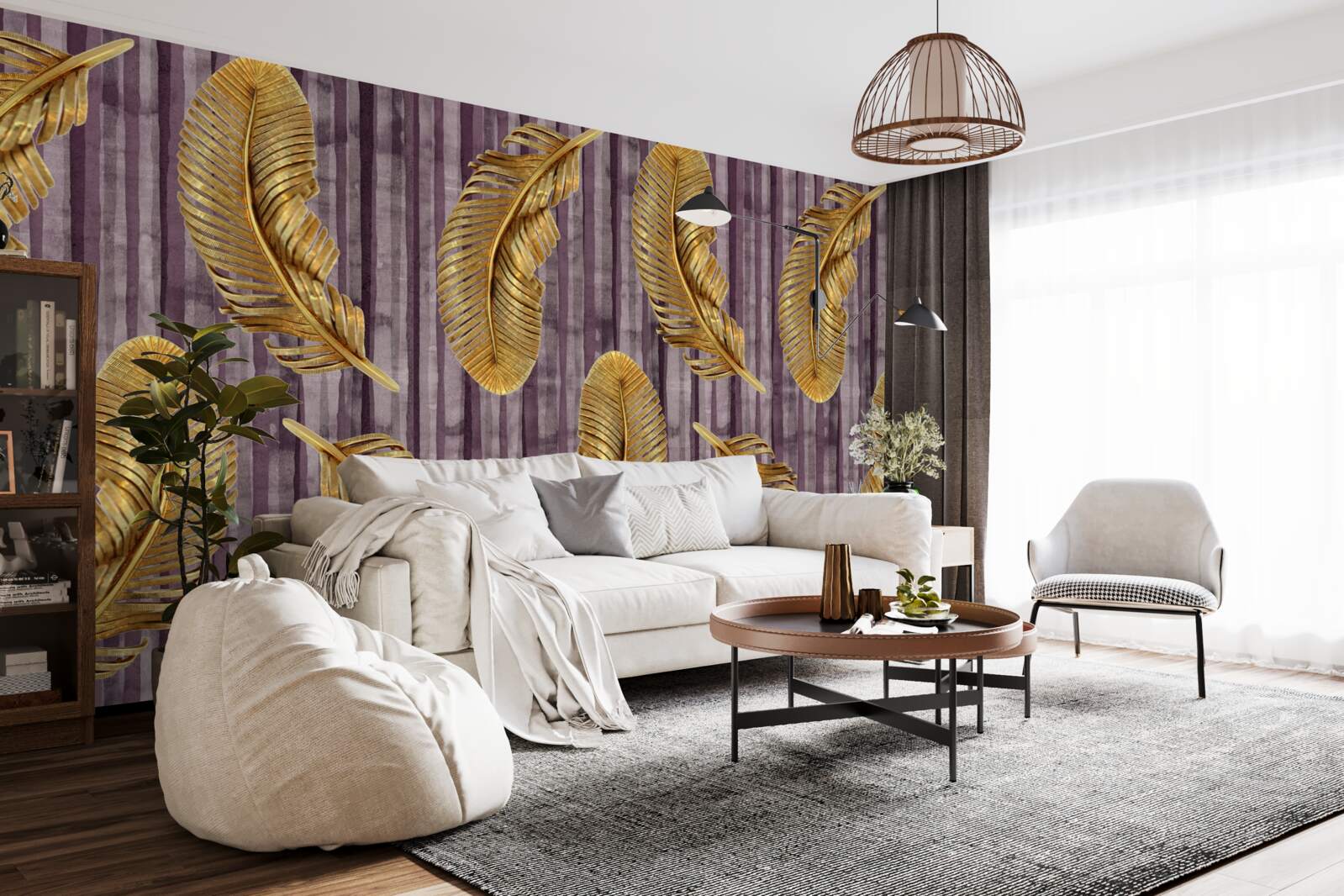 Fotobehang paarse achtergrond versierd met gouden veren