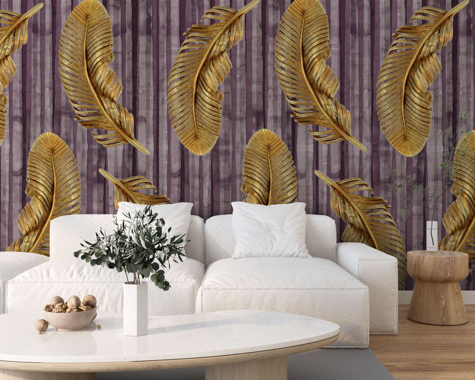 Fotobehang paarse achtergrond versierd met gouden veren