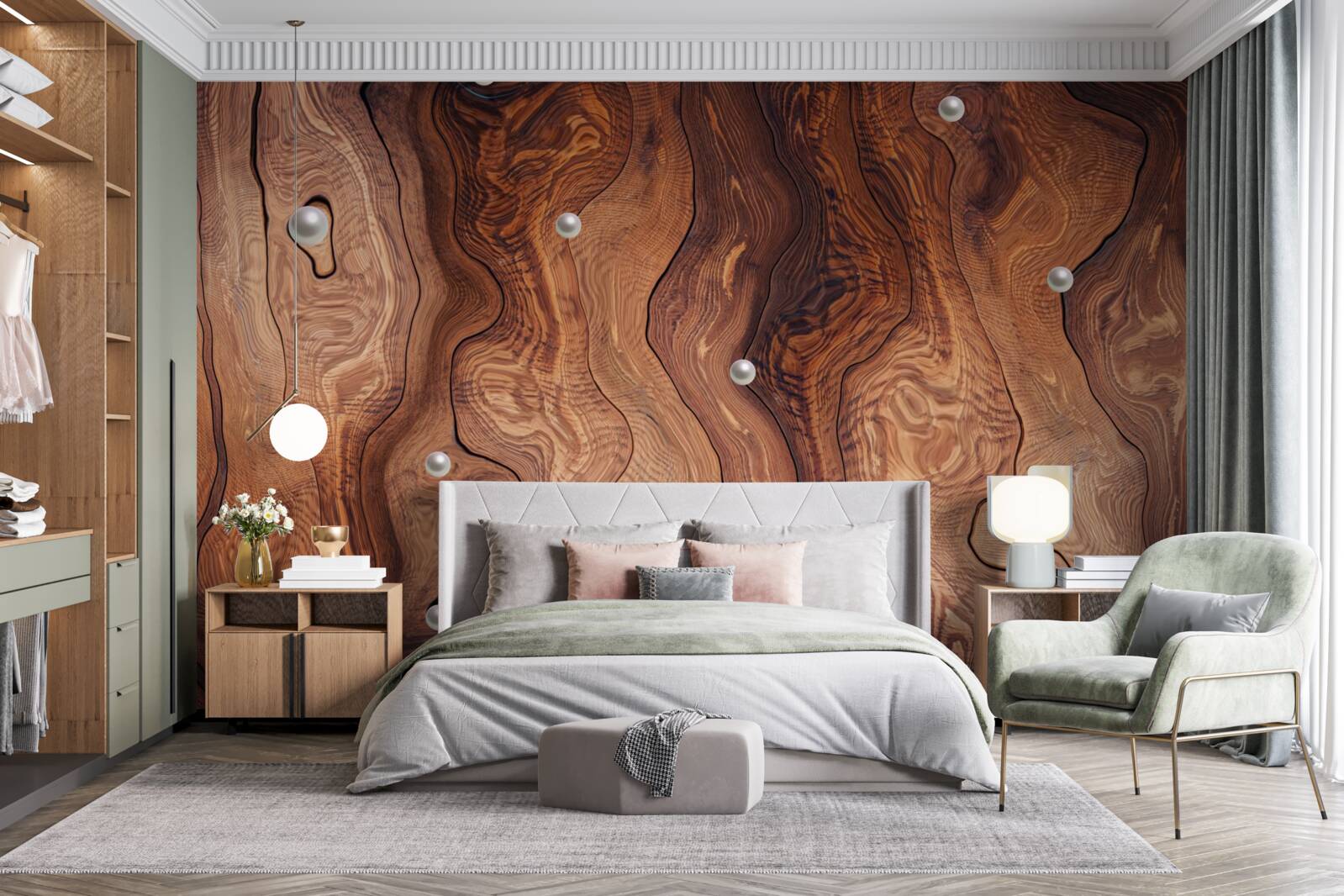 Fotobehang hout met structuur en parels