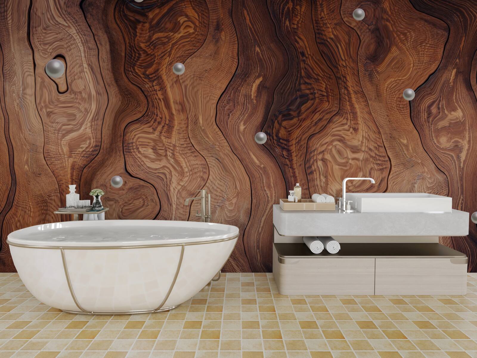 Fotobehang hout met structuur en parels