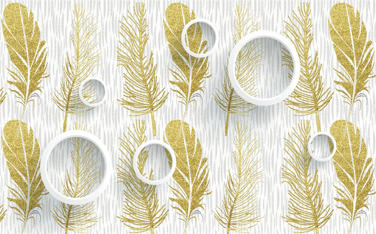 Fotobehang gouden pluizige veren en sneeuwwitte cirkels