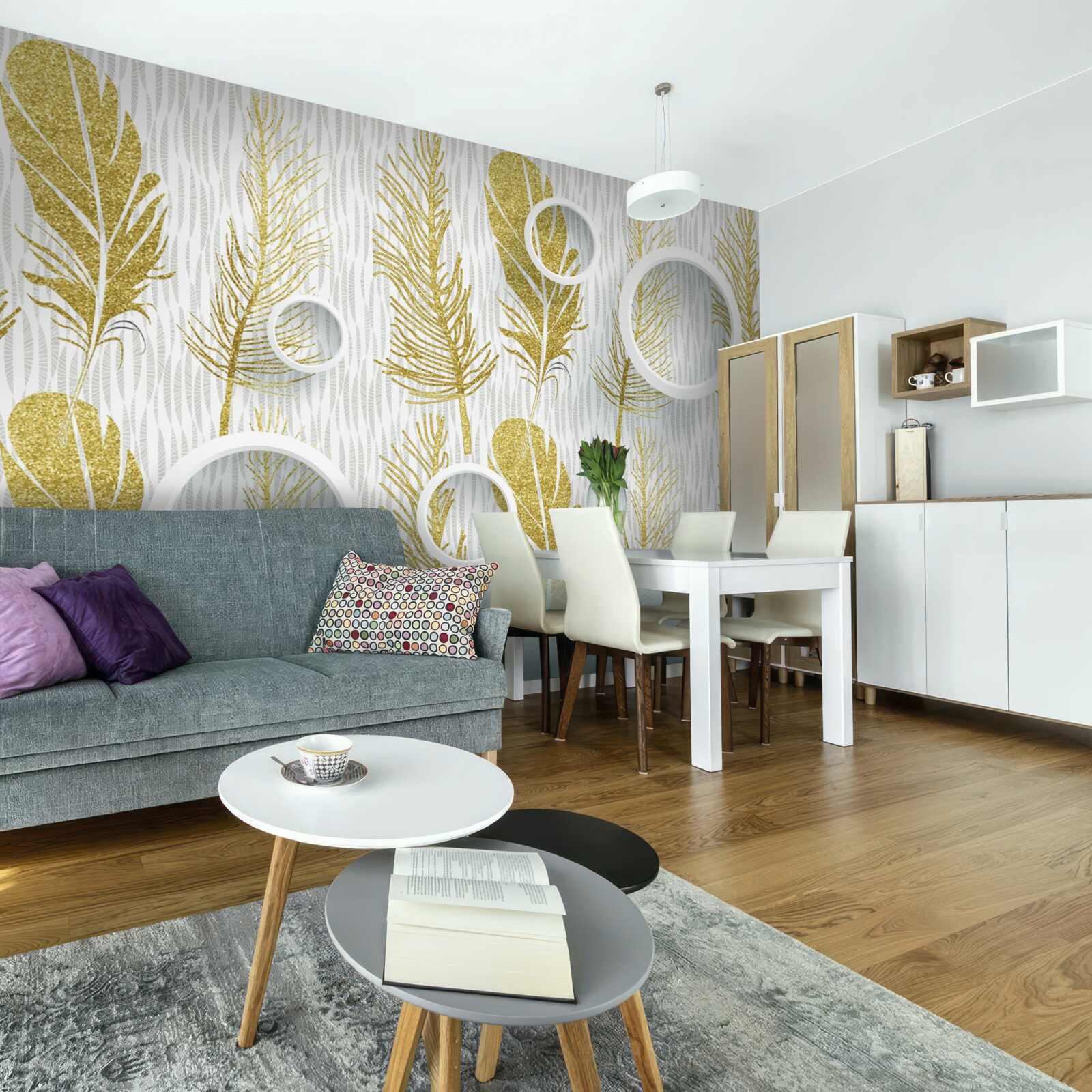 Fotobehang gouden pluizige veren en sneeuwwitte cirkels