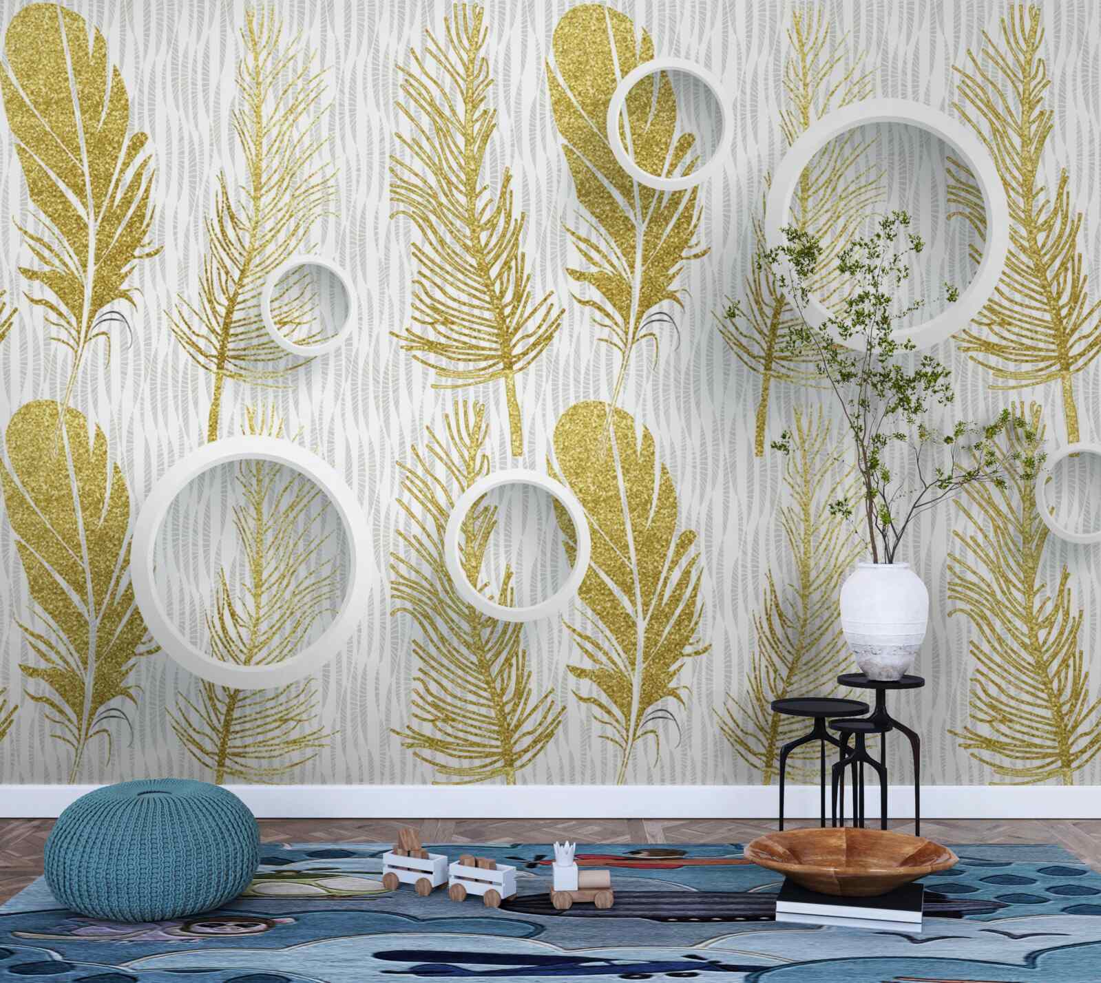 Fotobehang gouden pluizige veren en sneeuwwitte cirkels