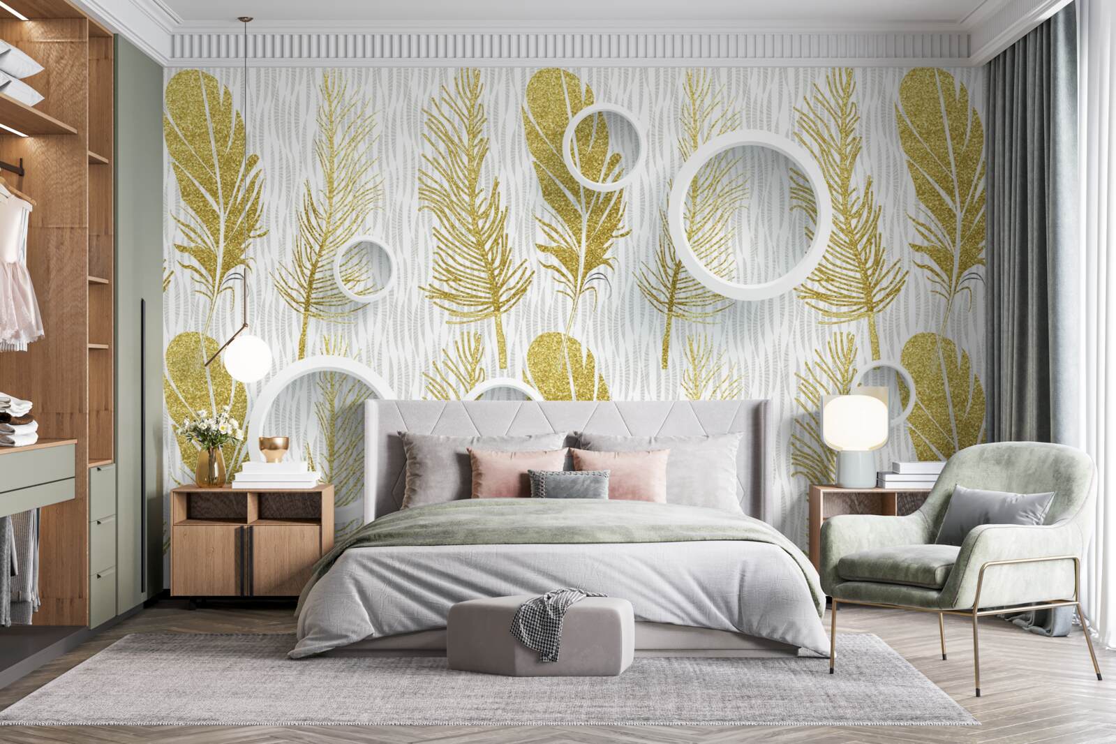 Fotobehang gouden pluizige veren en sneeuwwitte cirkels