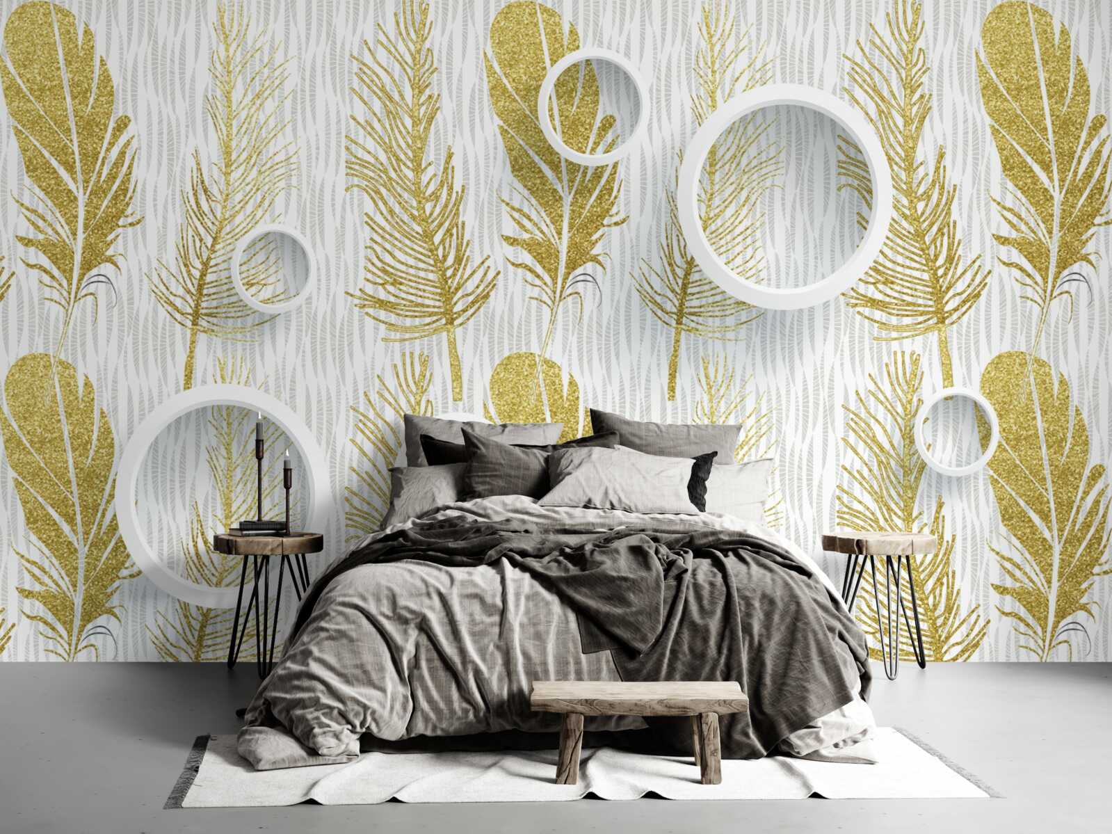 Fotobehang gouden pluizige veren en sneeuwwitte cirkels