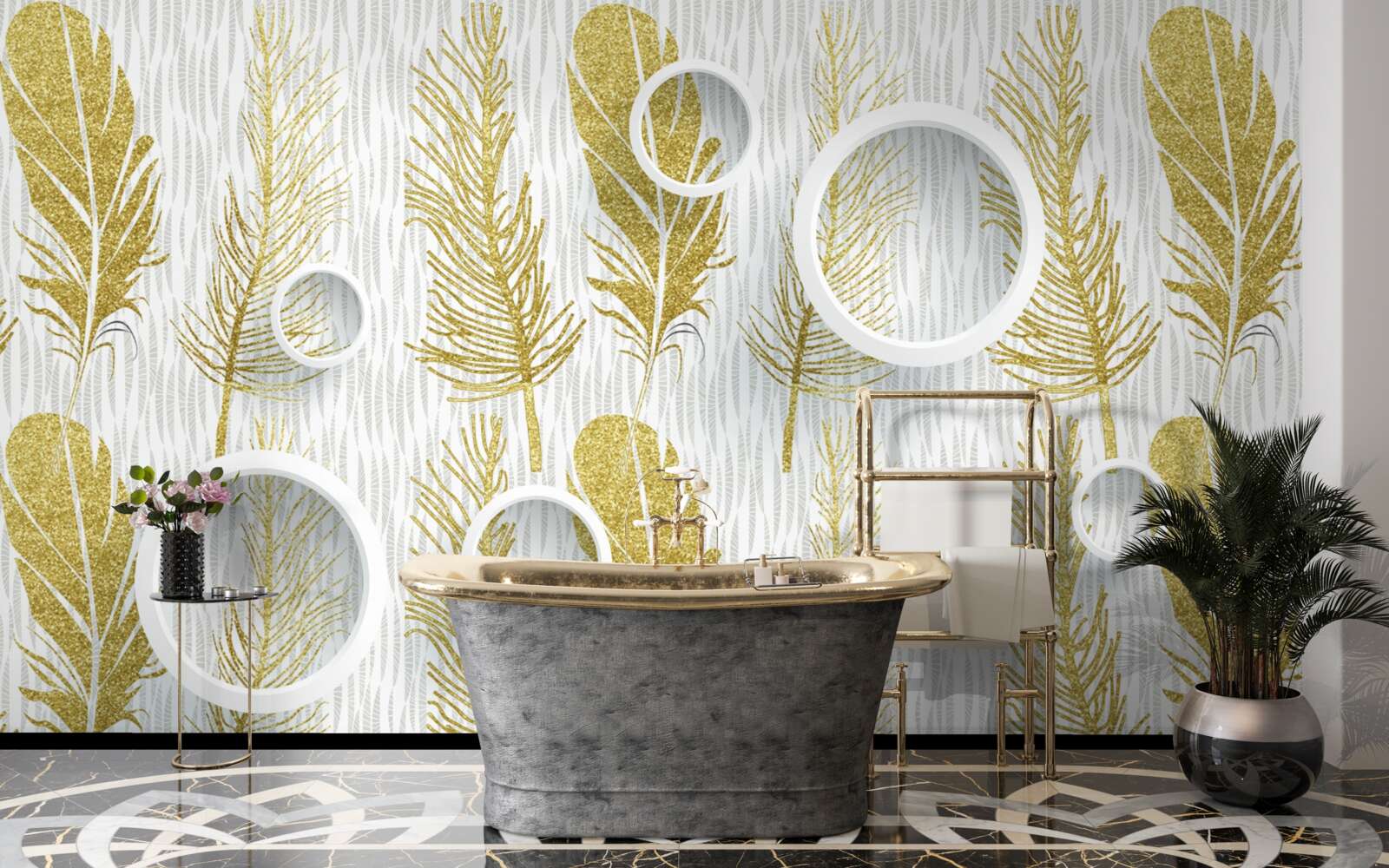 Fotobehang gouden pluizige veren en sneeuwwitte cirkels