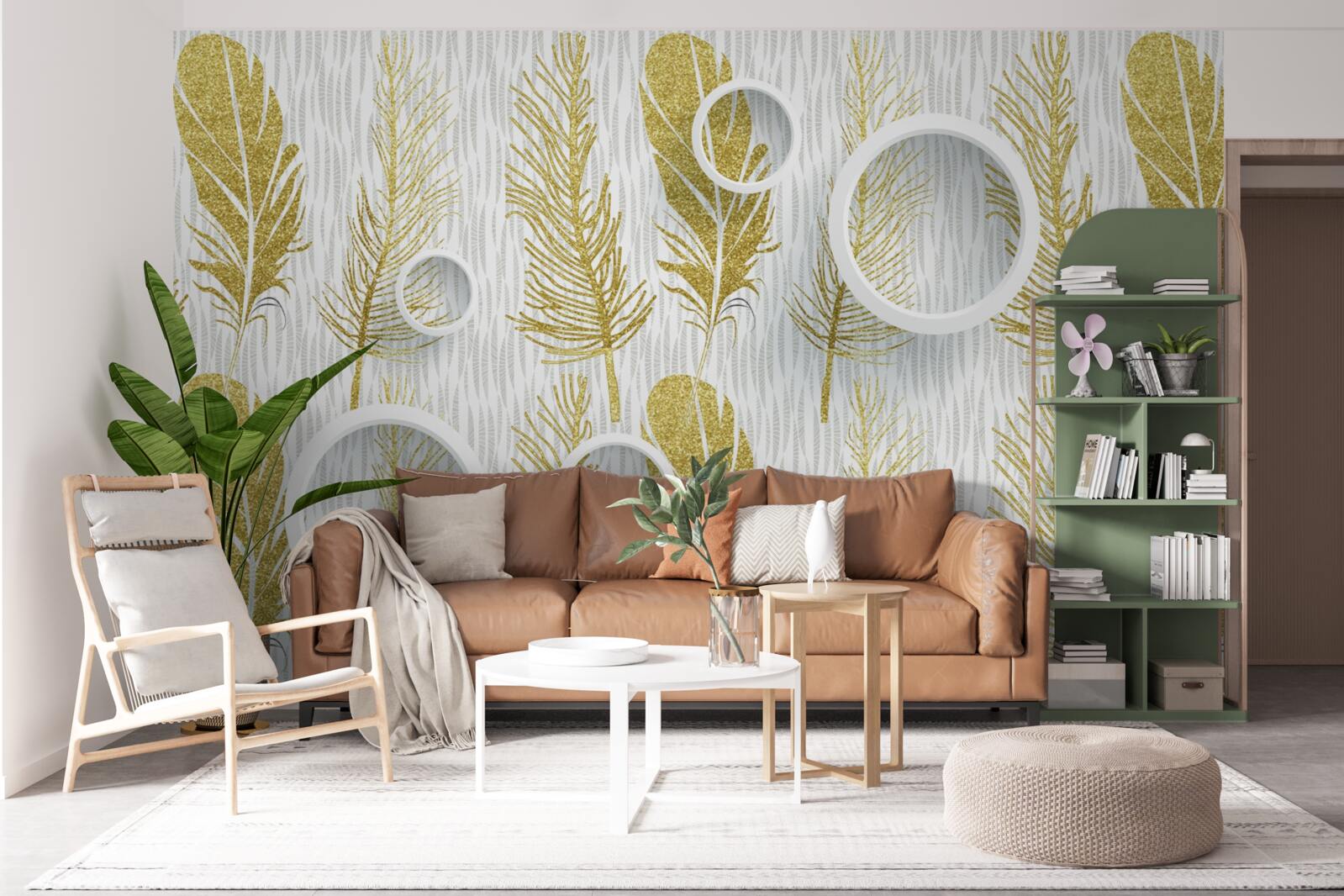 Fotobehang gouden pluizige veren en sneeuwwitte cirkels