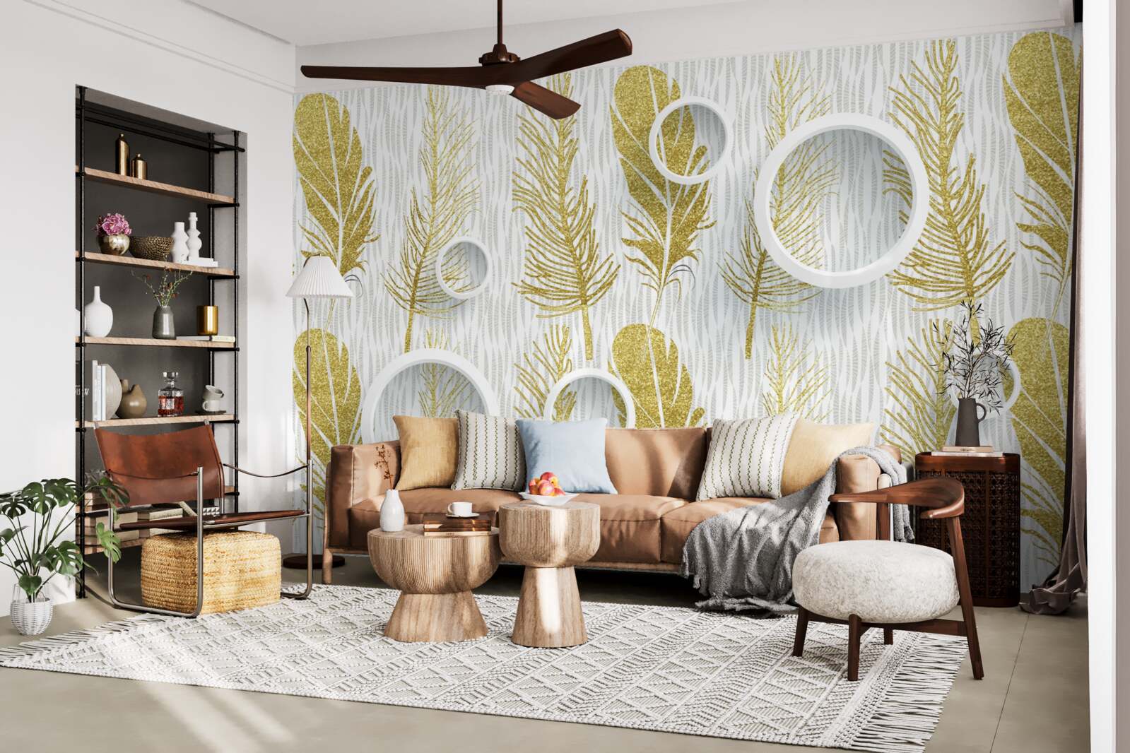 Fotobehang gouden pluizige veren en sneeuwwitte cirkels