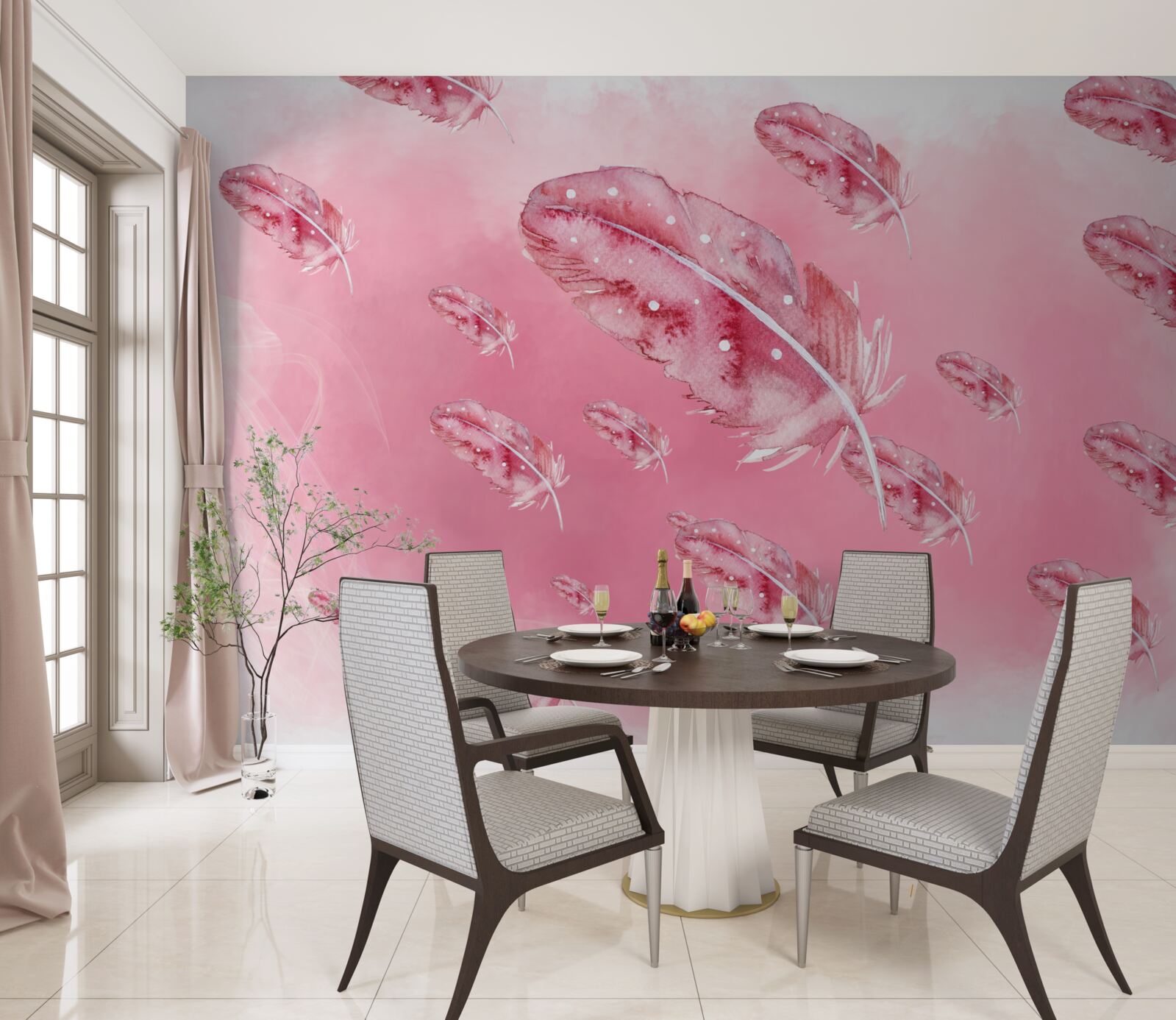 Fotobehang roze veren op roze achtergrond