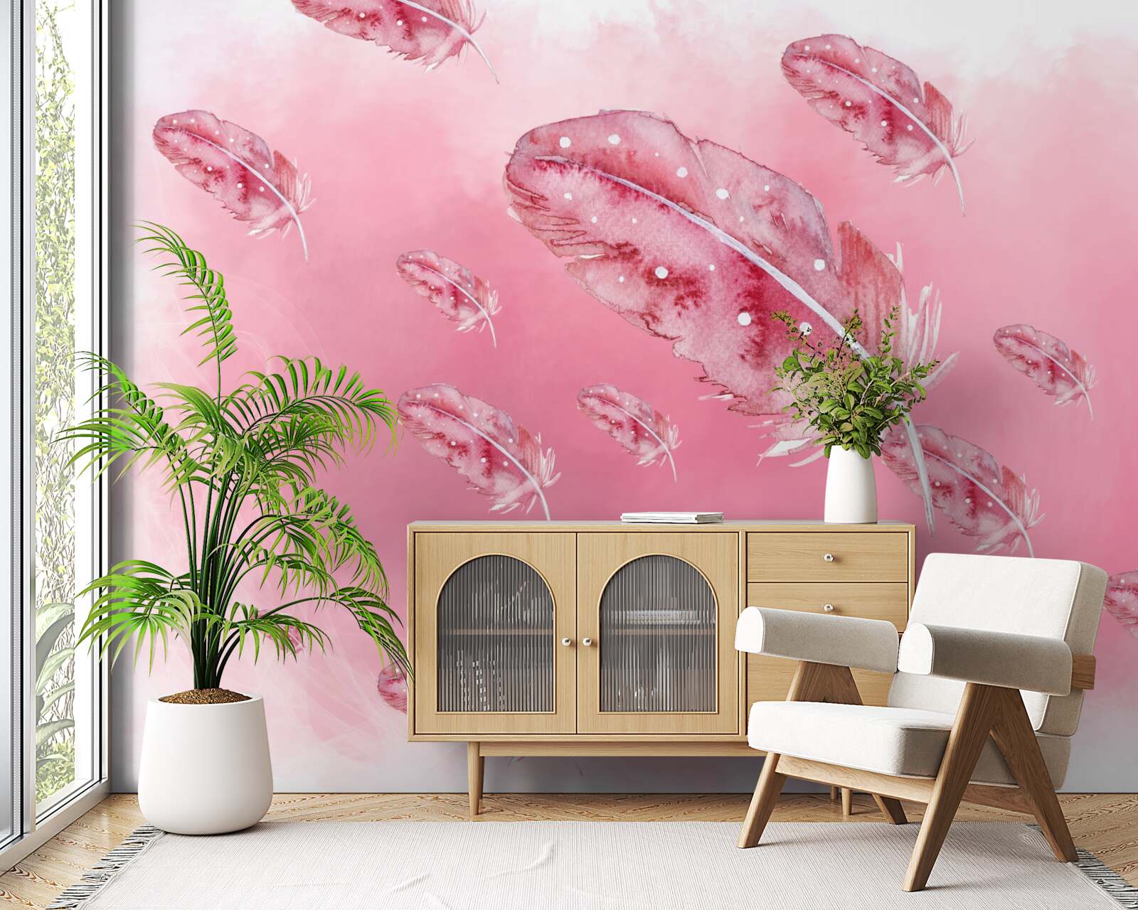 Fotobehang roze veren op roze achtergrond