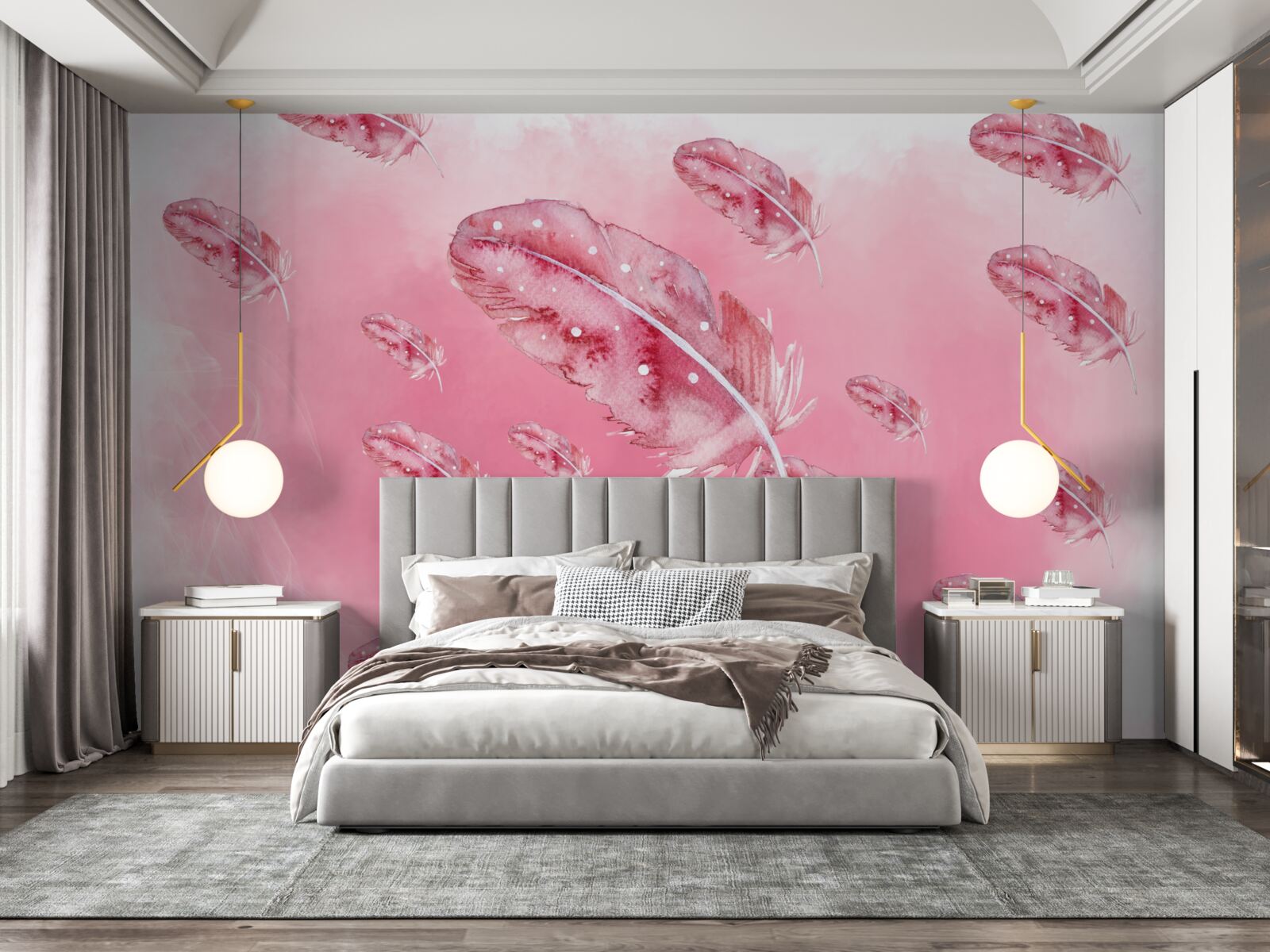 Fotobehang roze veren op roze achtergrond