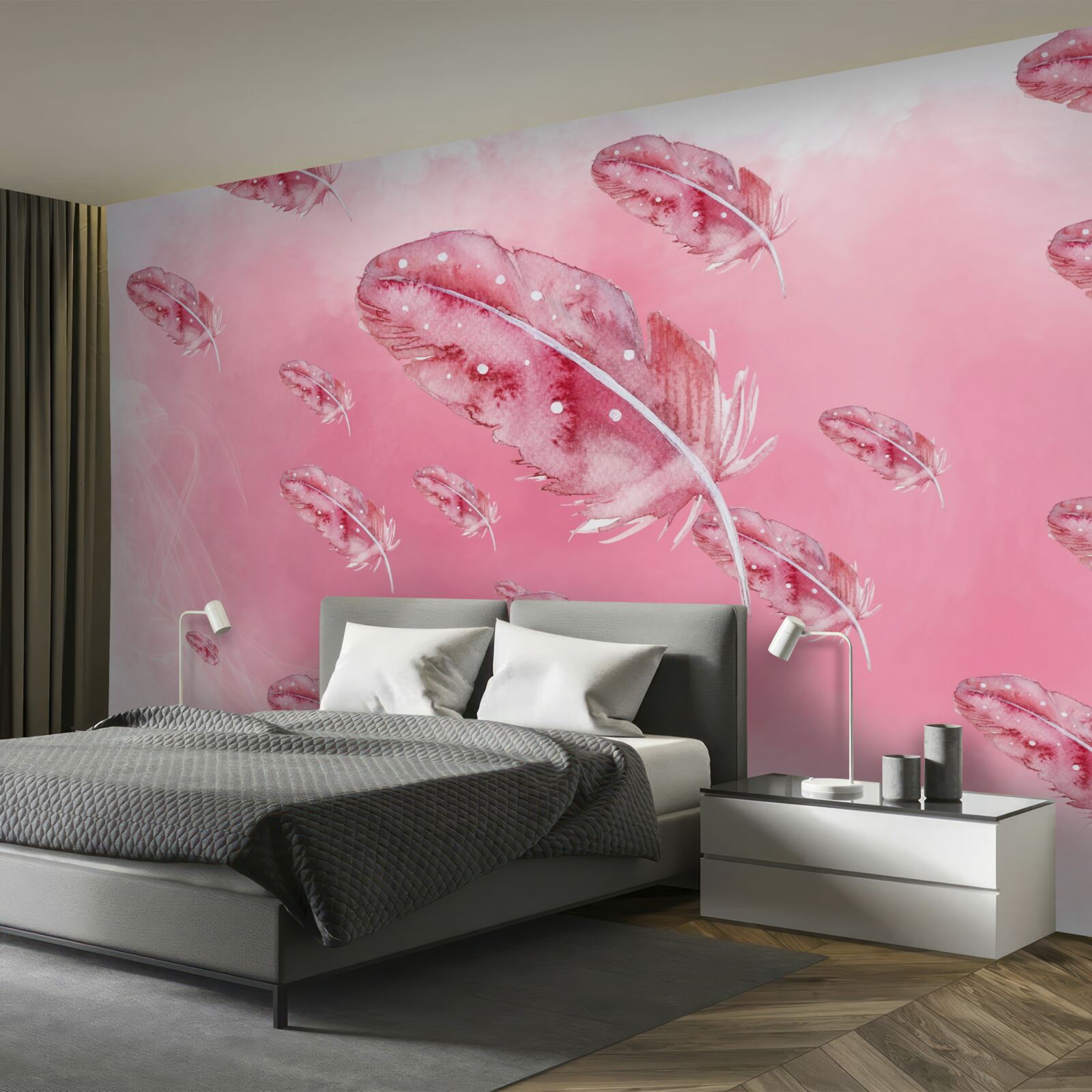 Fotobehang roze veren op roze achtergrond