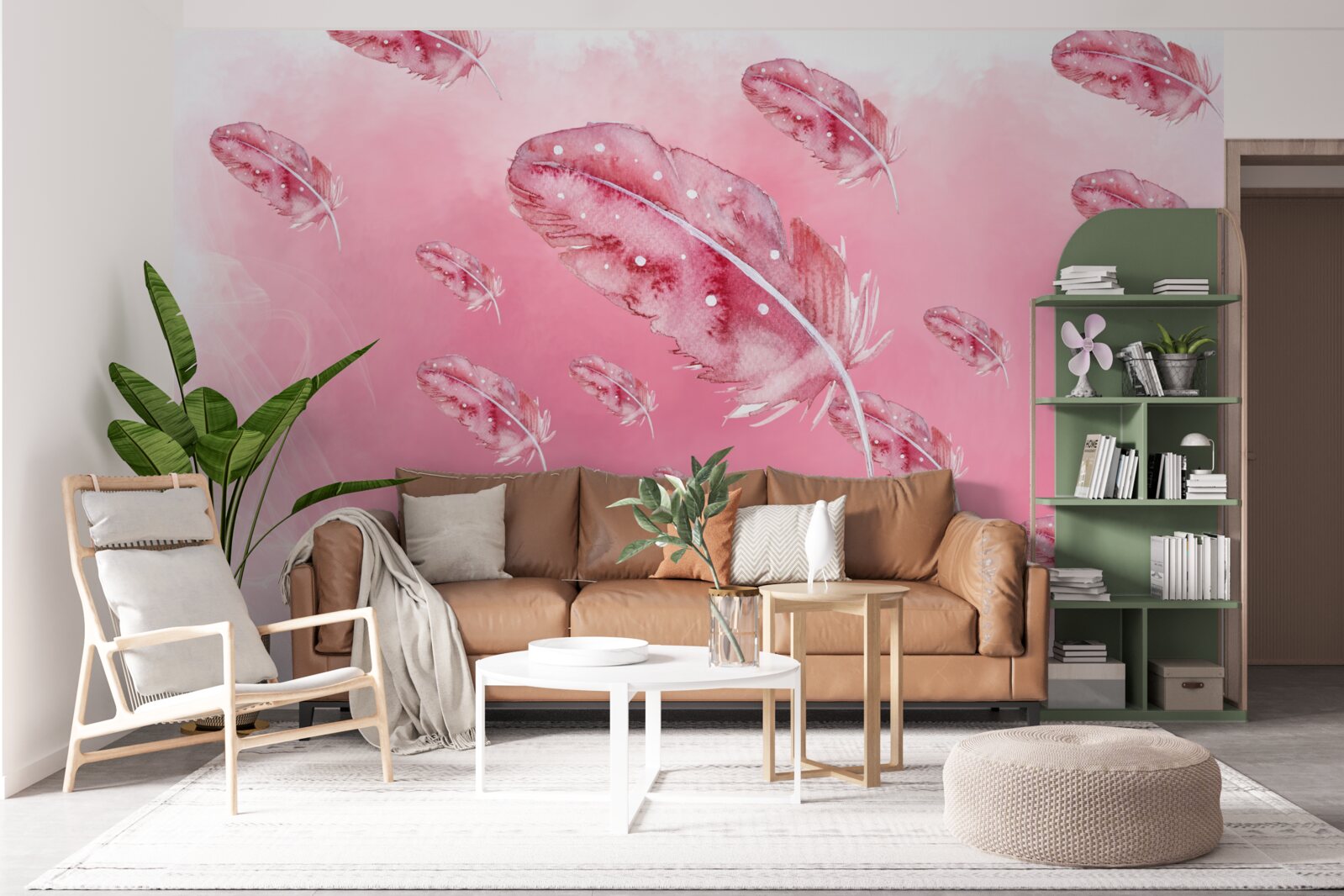 Fotobehang roze veren op roze achtergrond