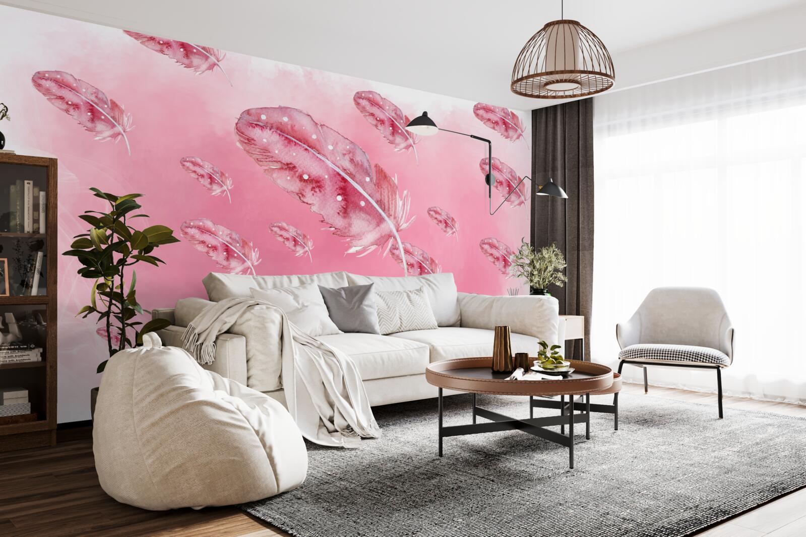 Fotobehang roze veren op roze achtergrond