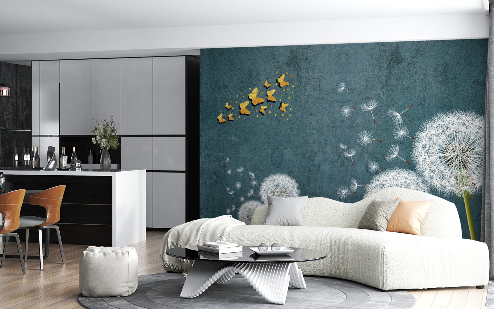 Fotobehang vlinders zwevend over melkkruid